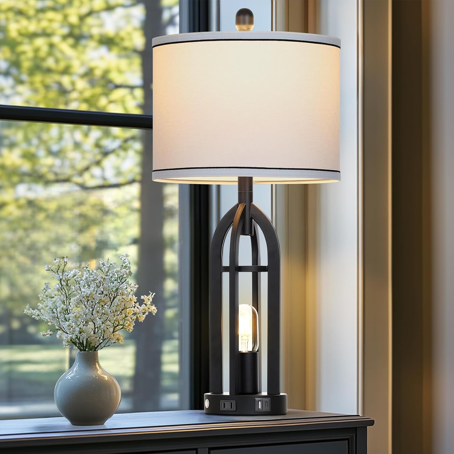 USB Farmhouse Black Bedside Lamp — 27" - View 4