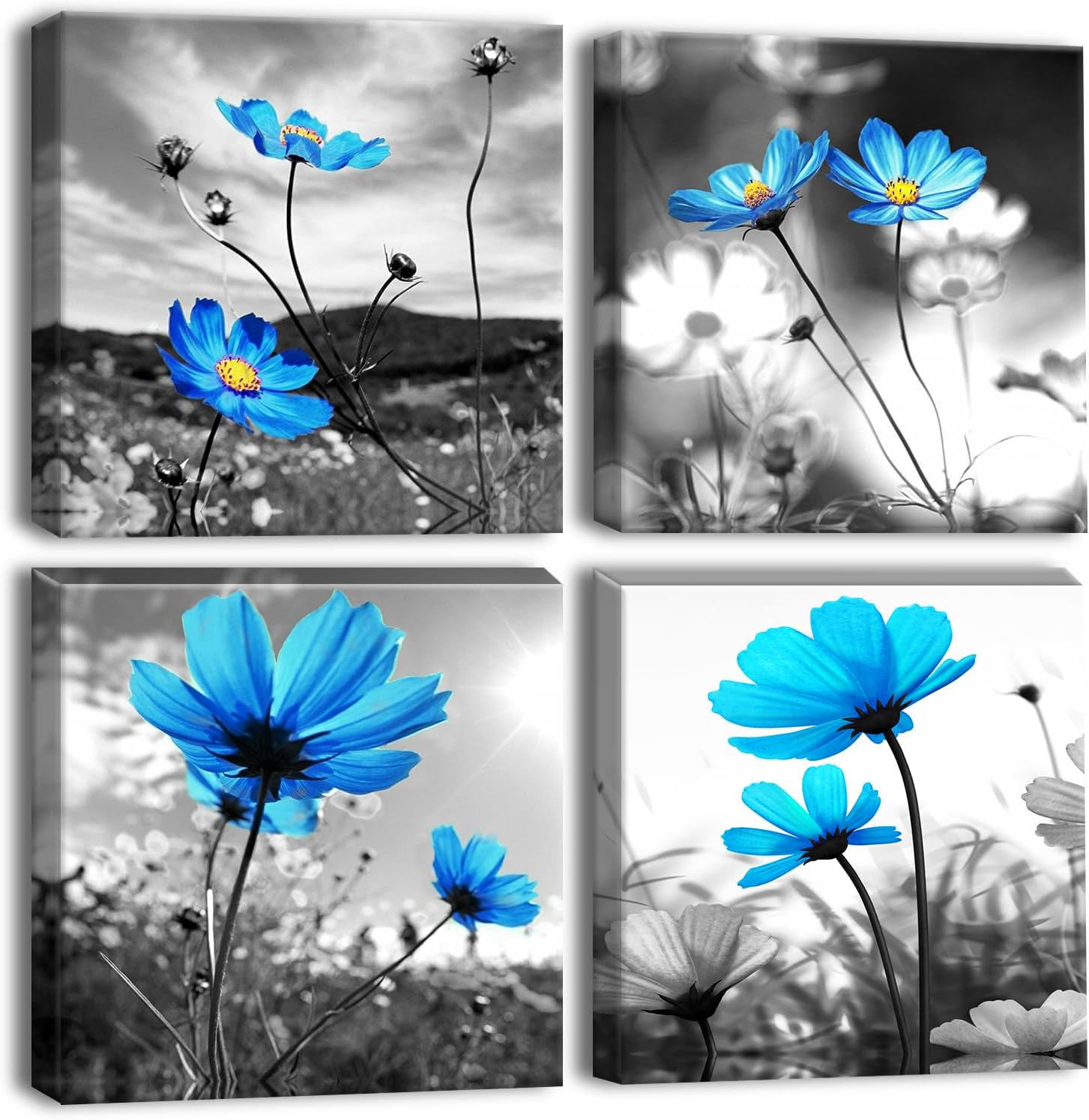 Framed Modern Beige Wall Art — 12" — Blue Flowers