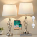 USB Modern Beige Bedside Lamp — Set of 2 — Silver Base + White Lampshade