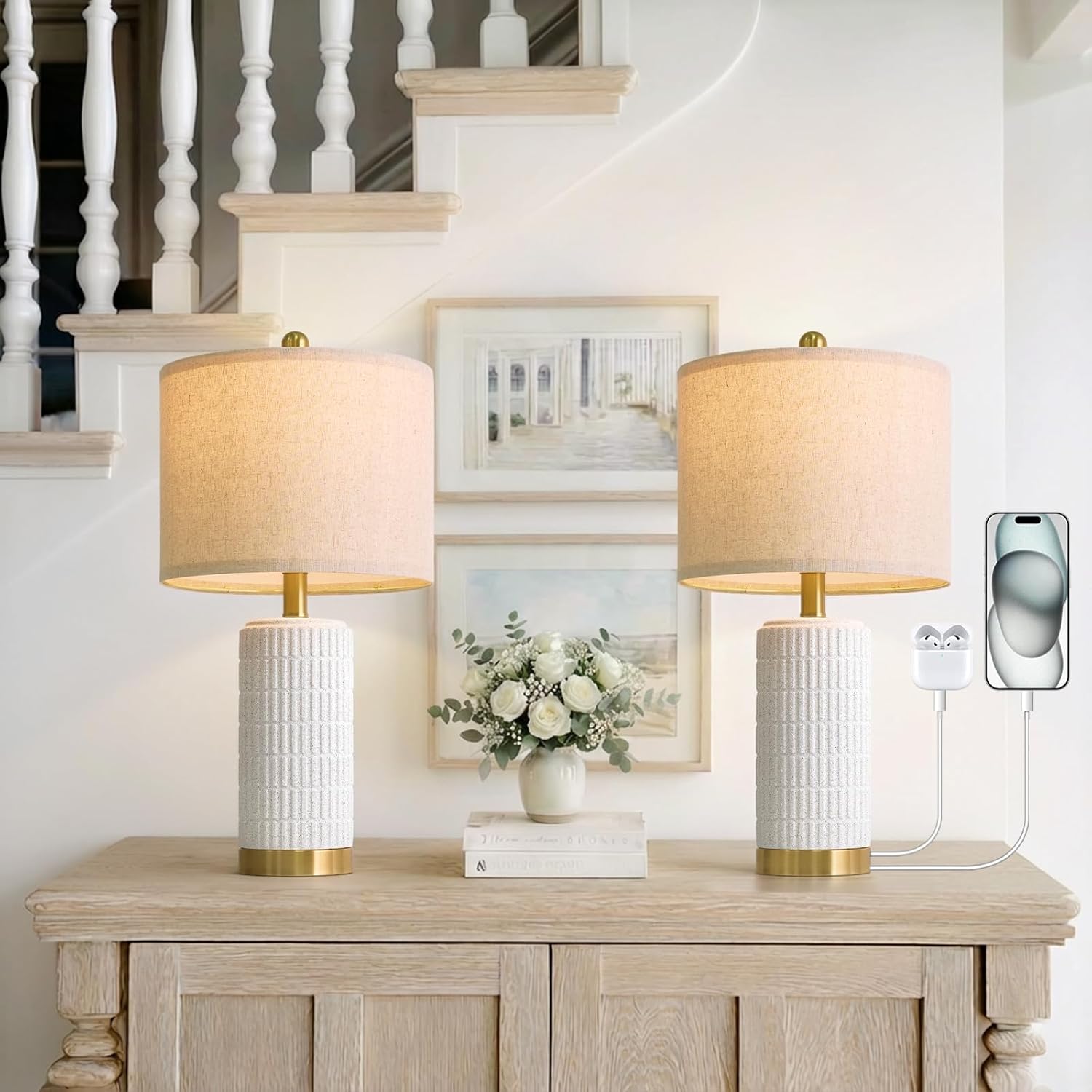 Farmhouse Beige Bedside Lamp — 20.75" — Frosted White - Dual USB Ports