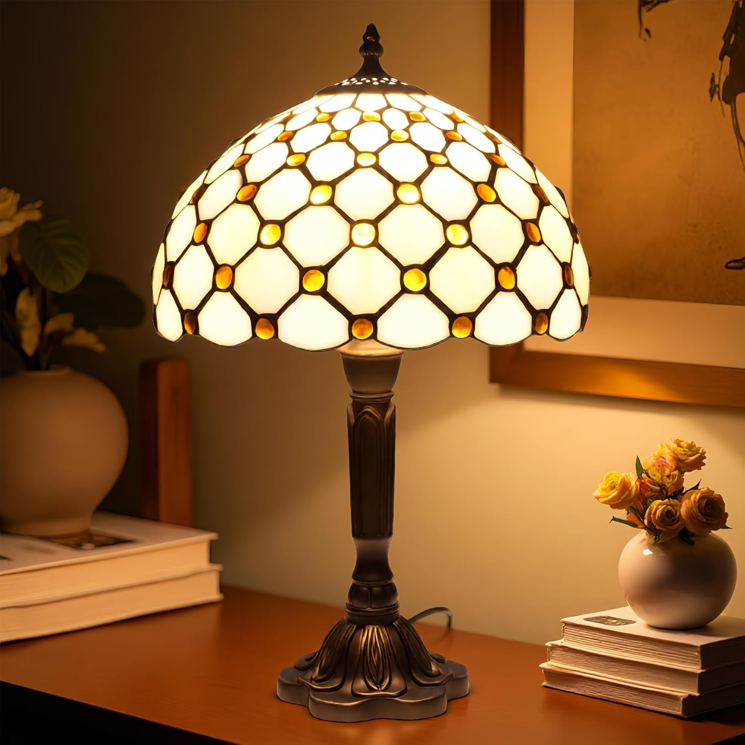 Vintage Glass Table Lamp — Stained Glass Lamp 12in