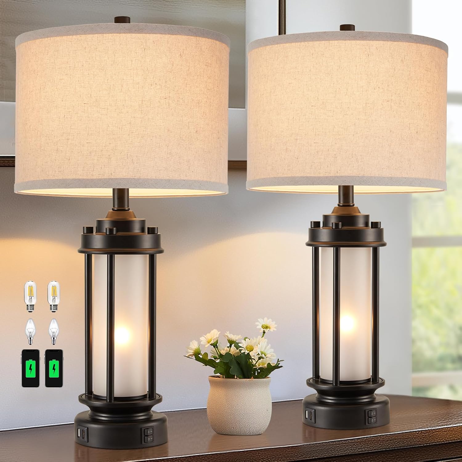 USB Charging Farmhouse Black Table Lamp — Set of 2 — Black-2