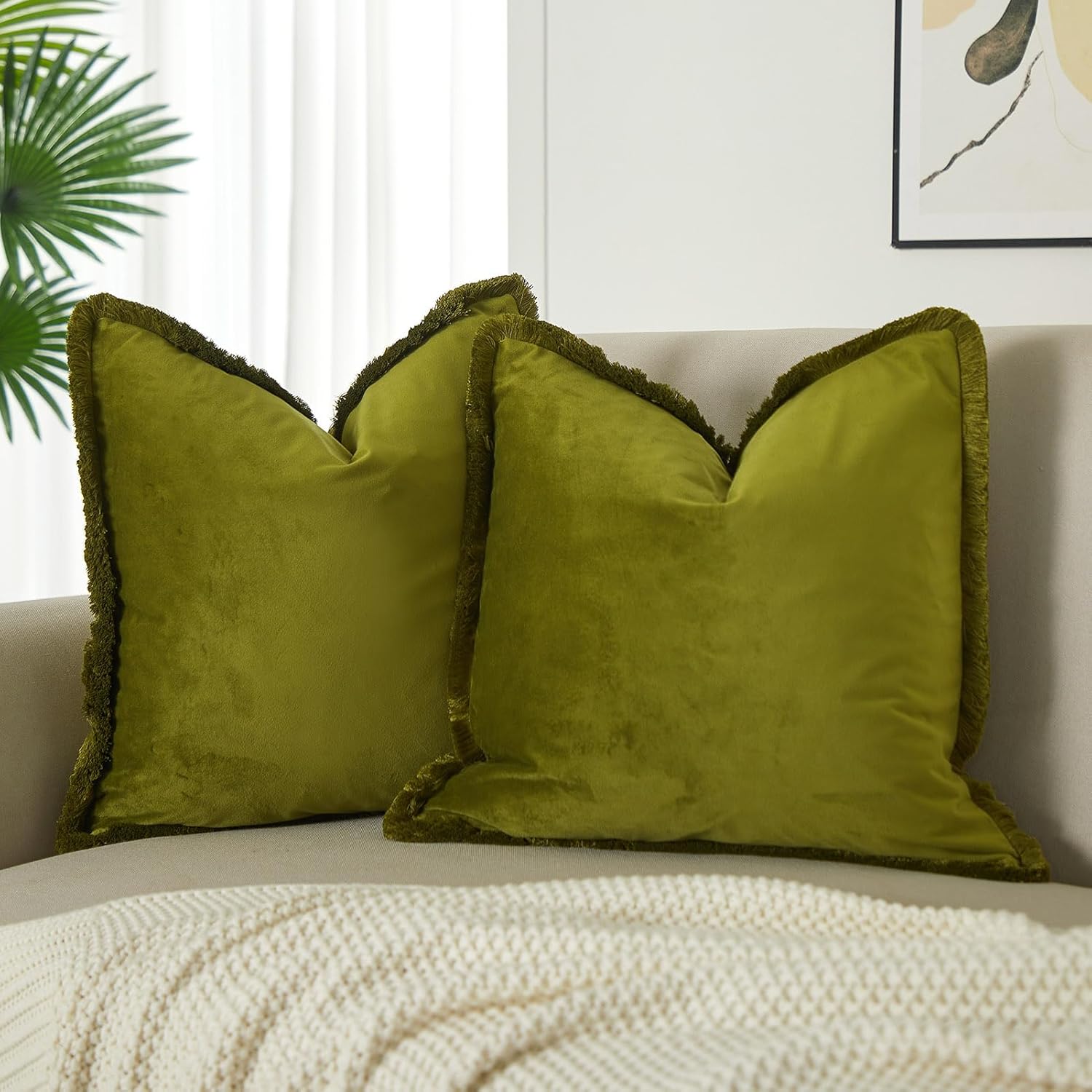 Velvet Boho Beige Throw Pillow Cover — 26" — Olive Green