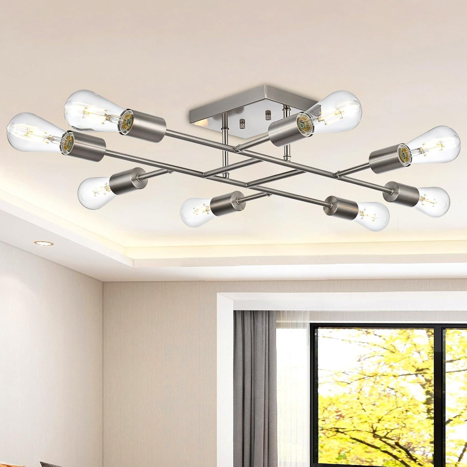 Mid-Century Black Chandelier — 8-Light — Brushed Nickel