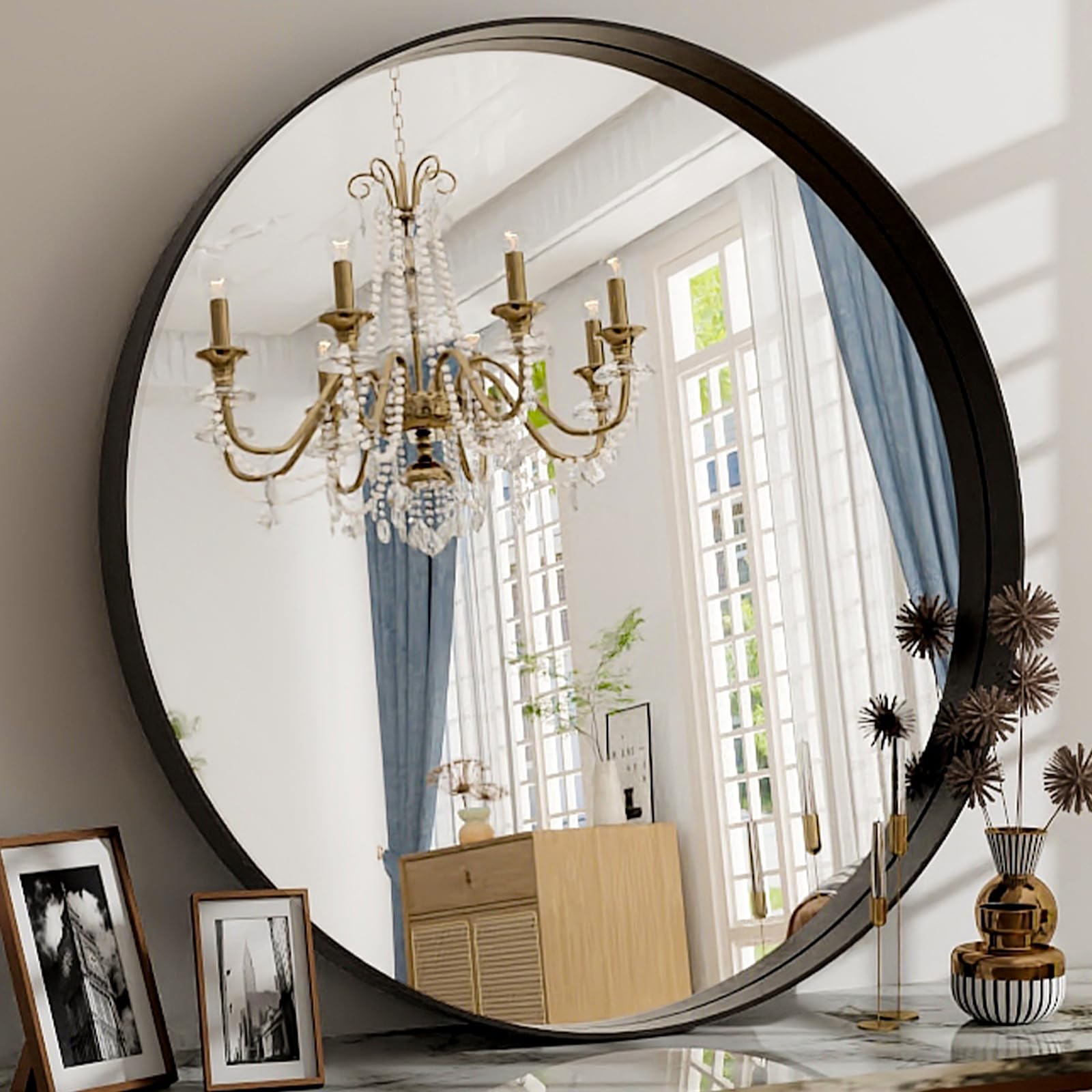 Round Modern Black Mirror — 24"