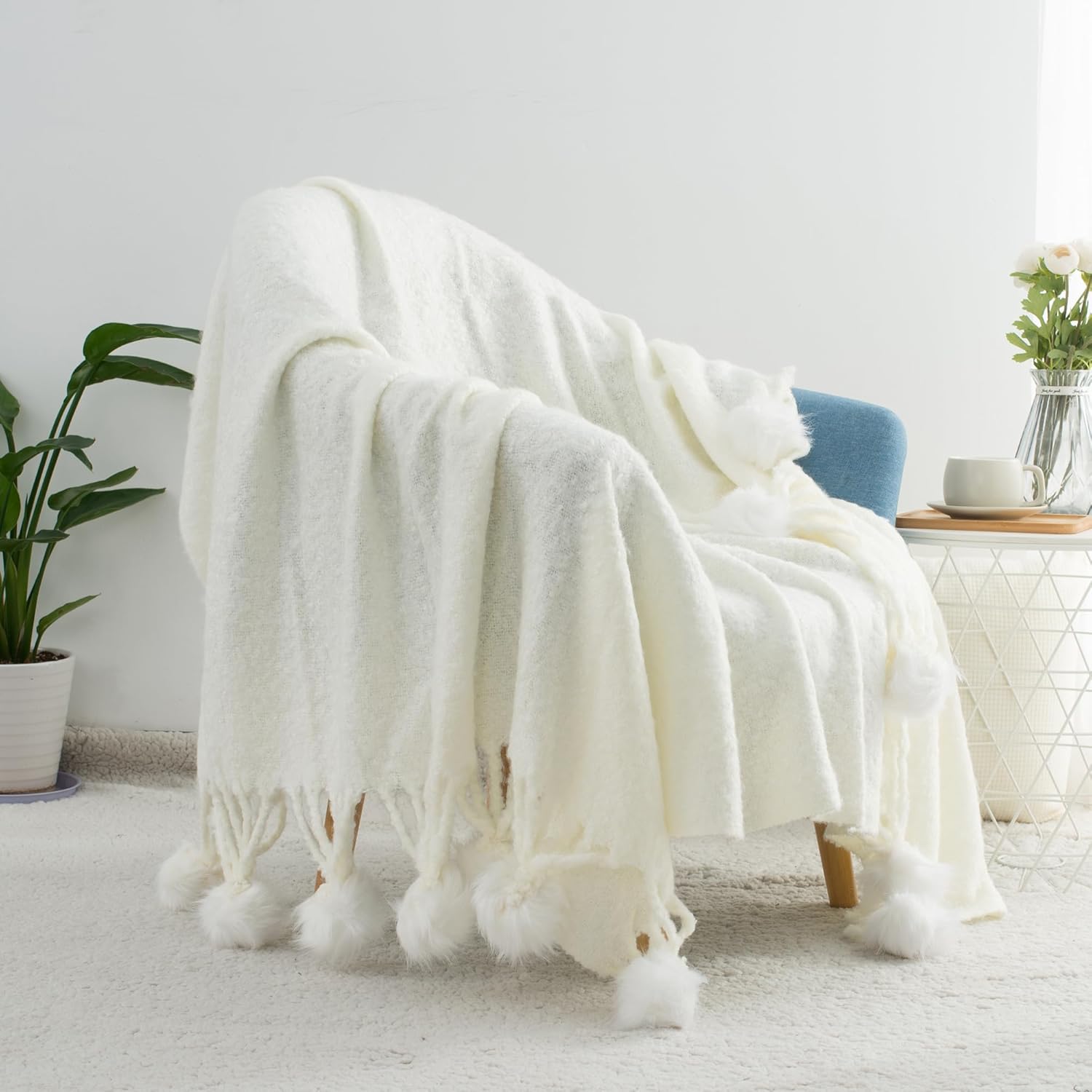 Pom Pom Farmhouse Blue Throw Pillow — 60" — Pom-white