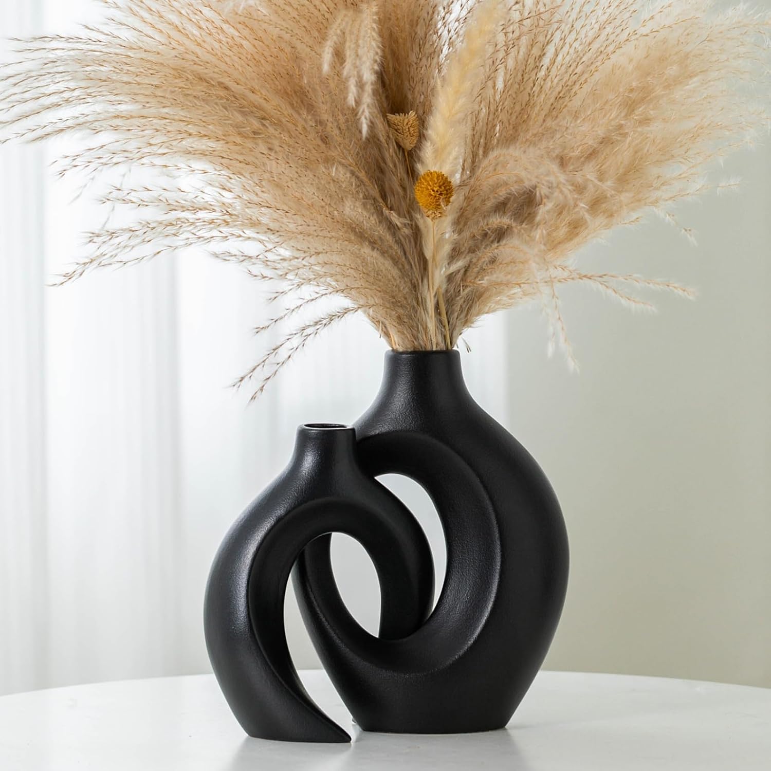 Boho Beige Flower Vase — Set of 2 — Large-matte Black