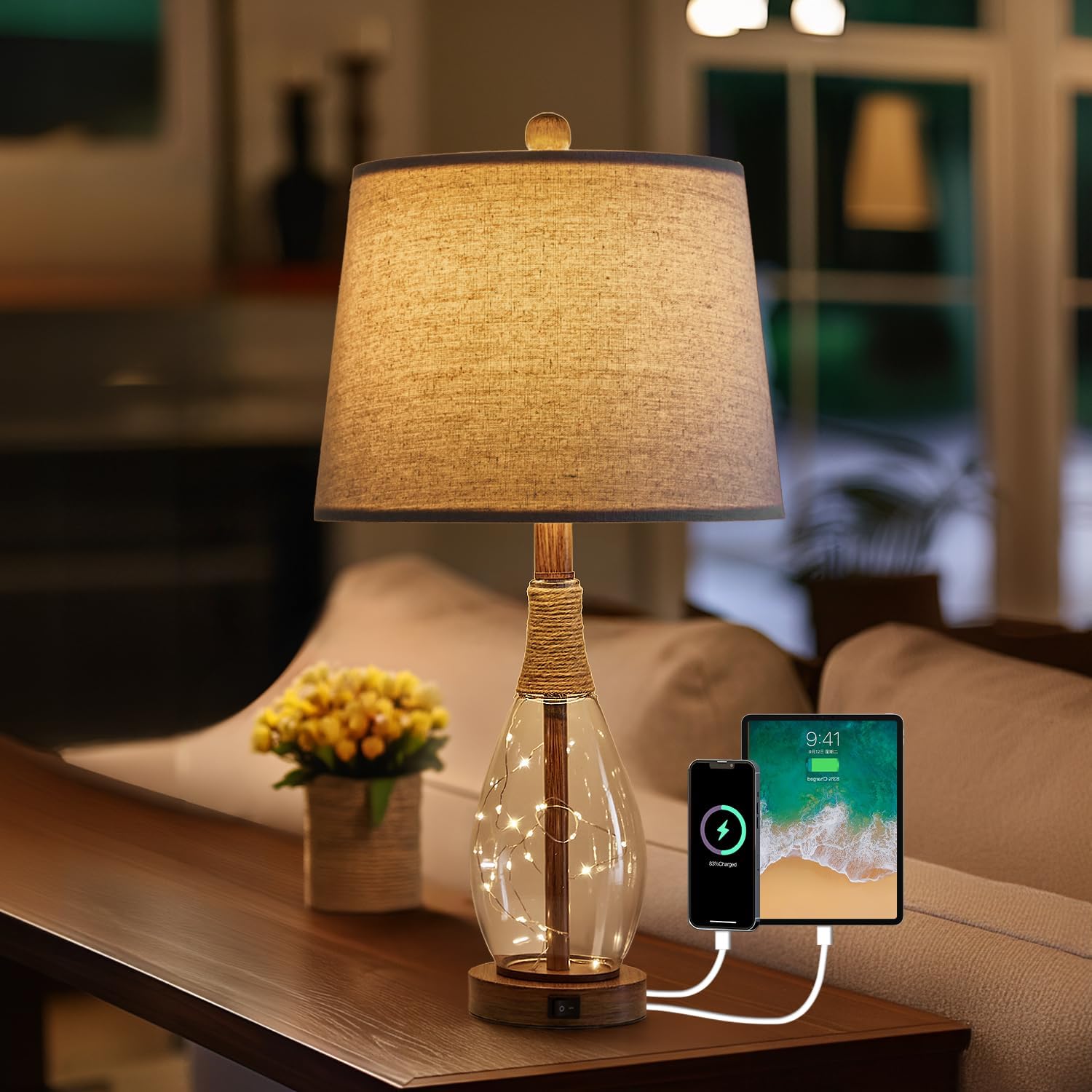 USB Boho Black Bedside Lamp — Set of 2 — Antique Brown
