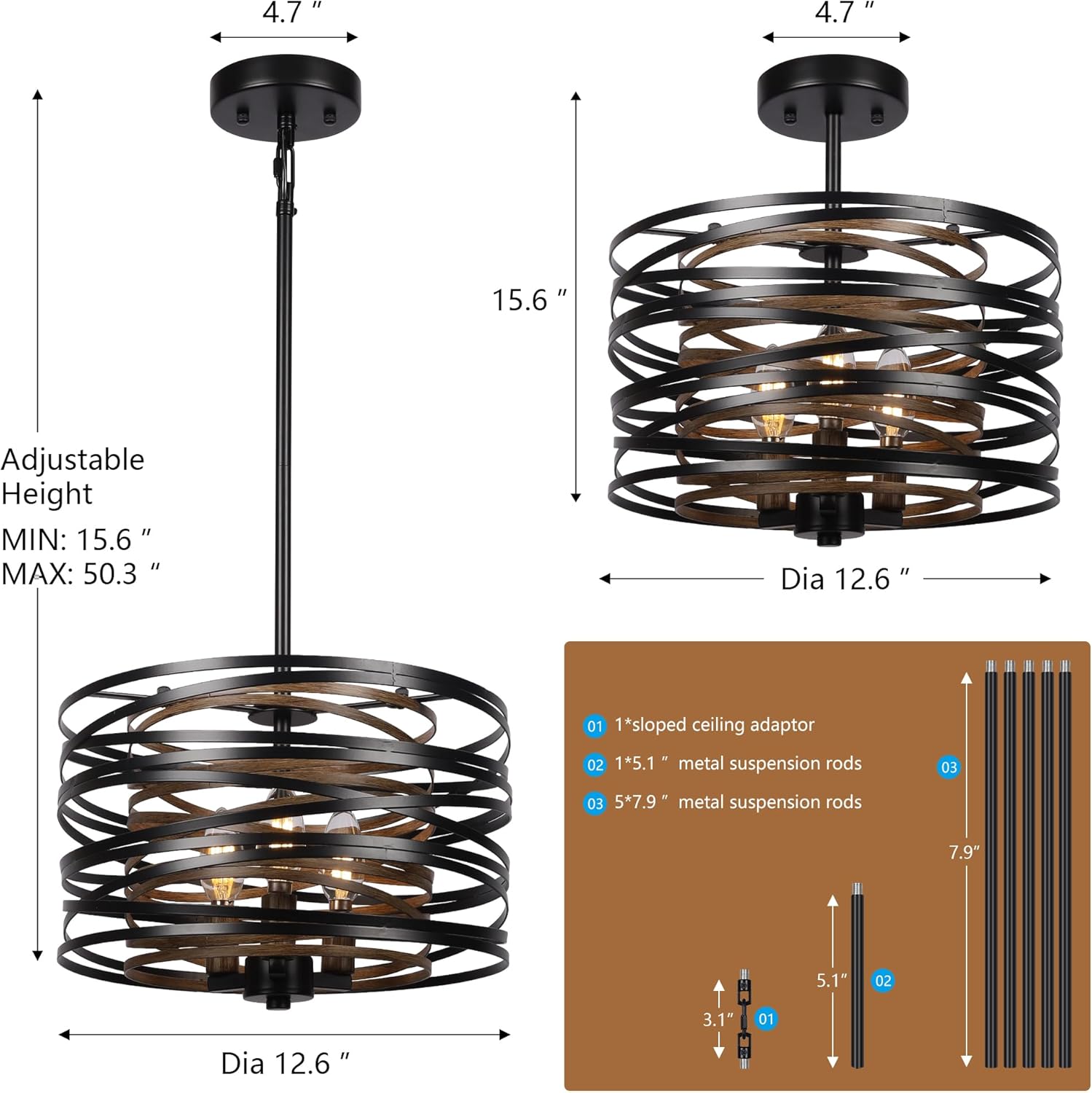 Farmhouse Black Chandelier — 3-Light - View 7
