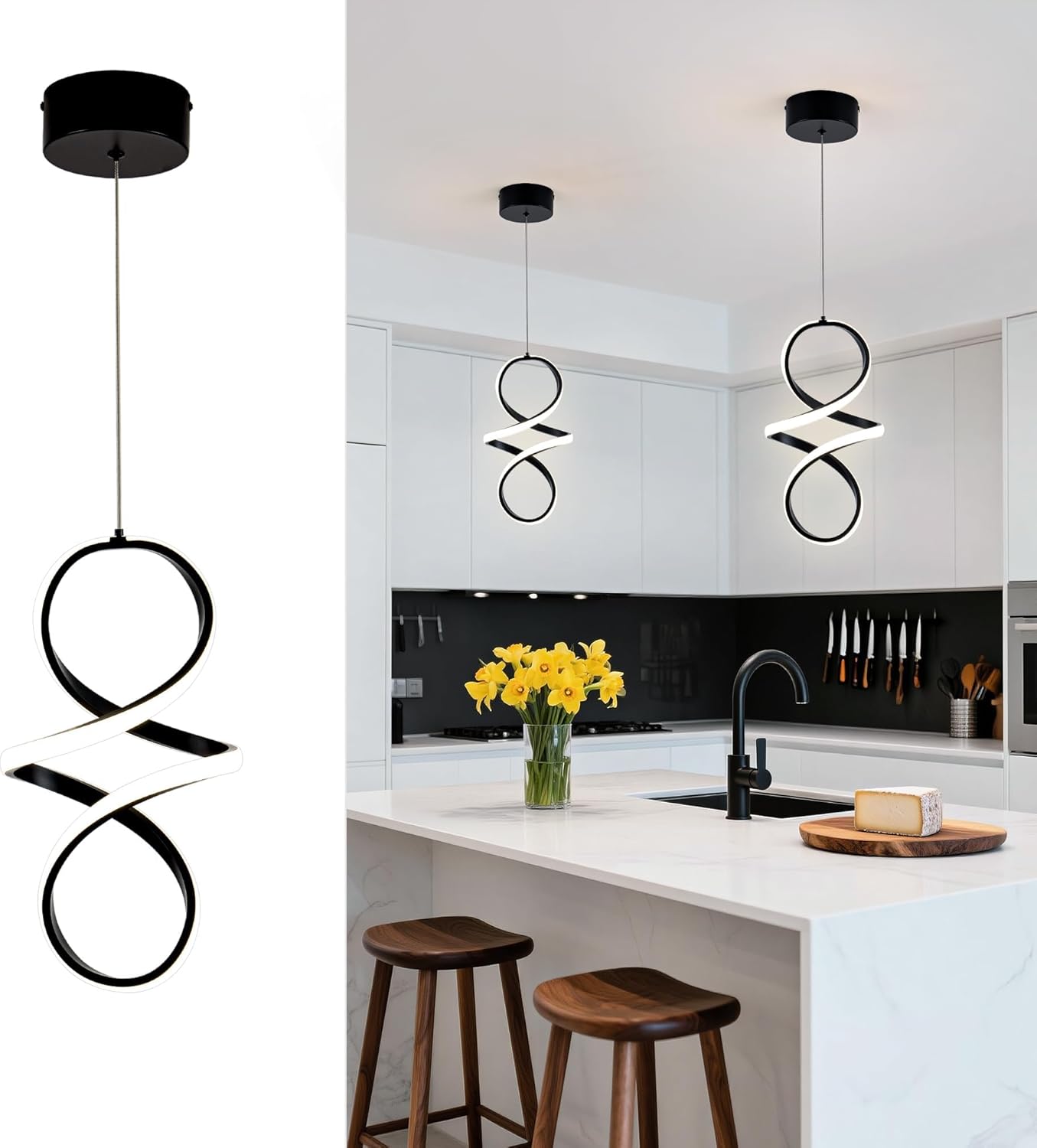 Adjustable Modern Black Pendant Light — Black Spiral 4000K