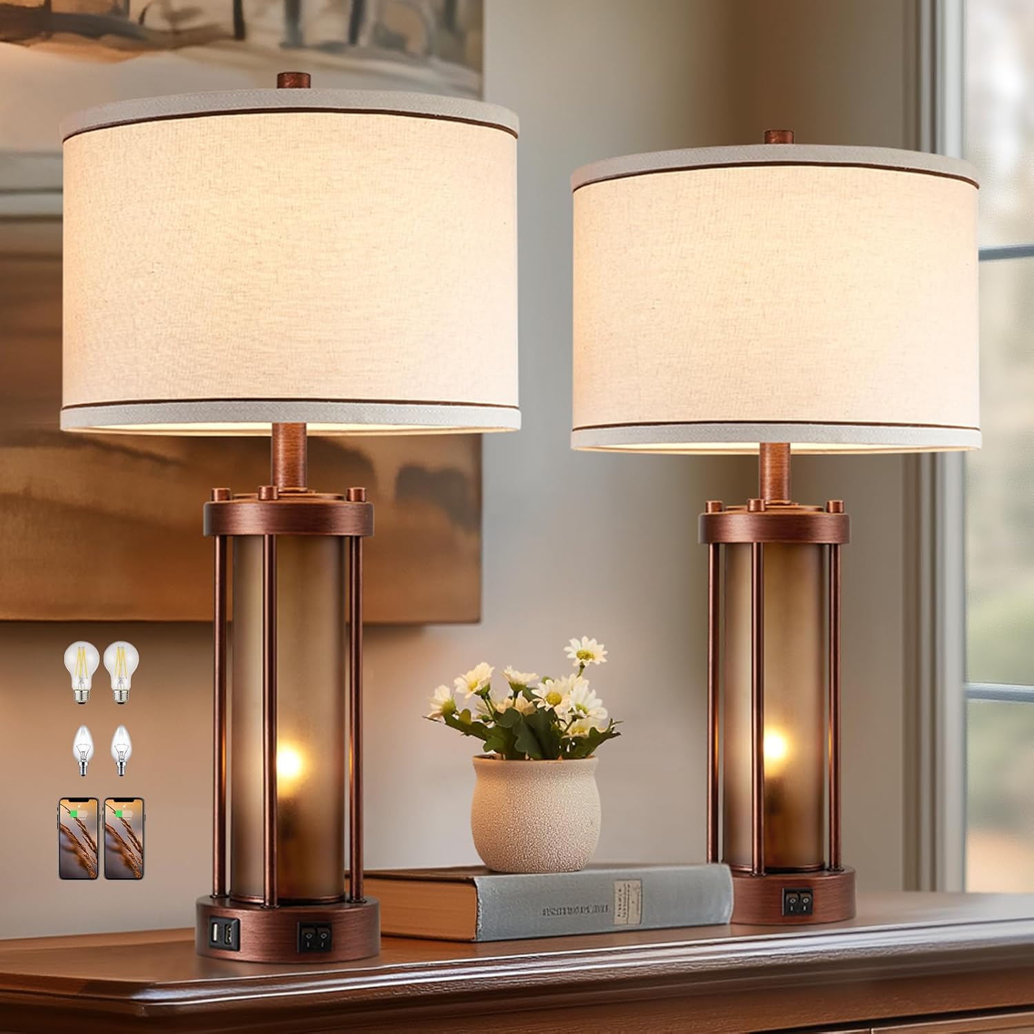 USB Charging Farmhouse Black Desk Lamp — Red Bronze