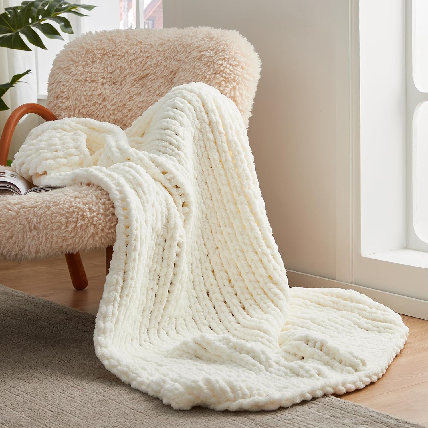 Knit Beige Throw Pillow — 50" — Ivory