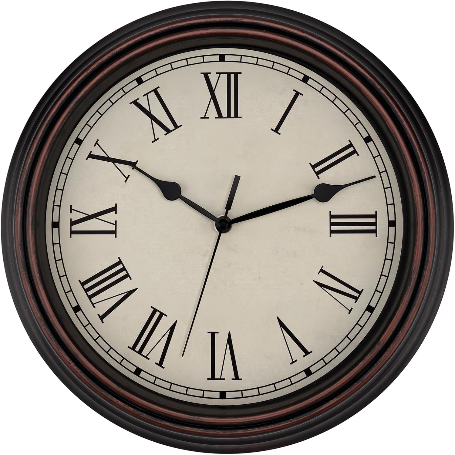 Battery Operated Mid-Century Black Wall Clock — 12" — Bronze Roman Numeral
