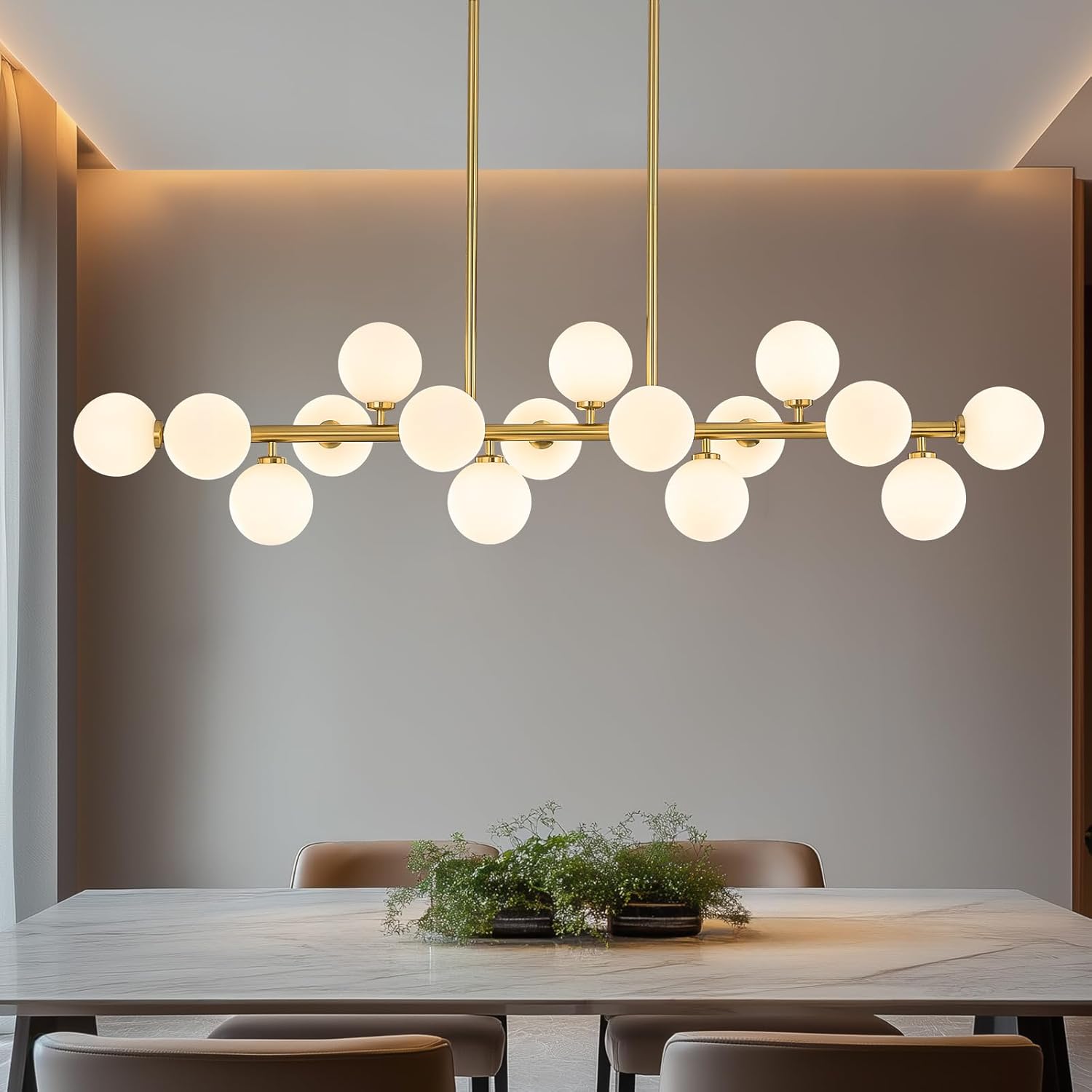 Mid-Century Black Chandelier — 16-Light — Gold (with White Lampshade)