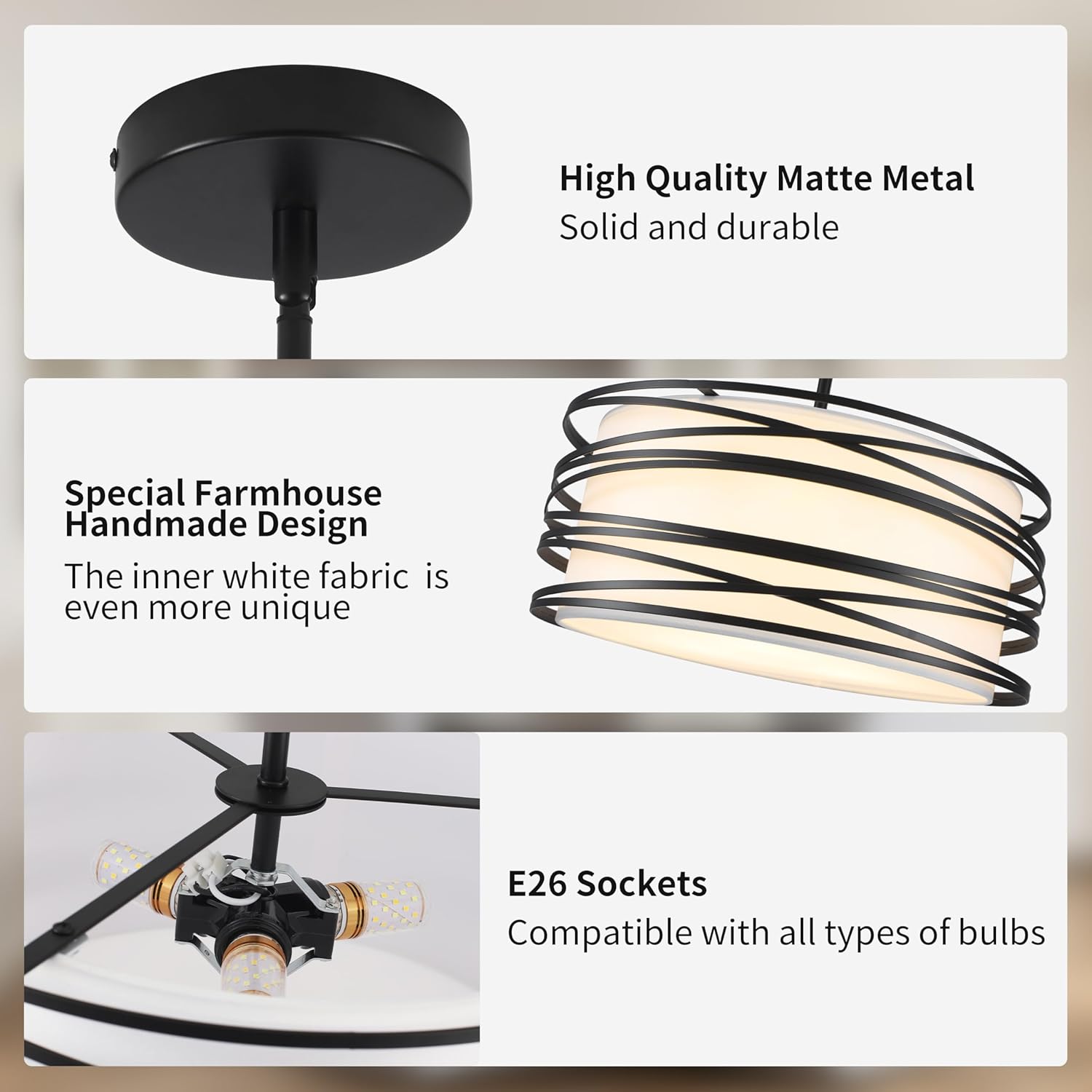 Farmhouse Black Chandelier — 3-Light - View 6