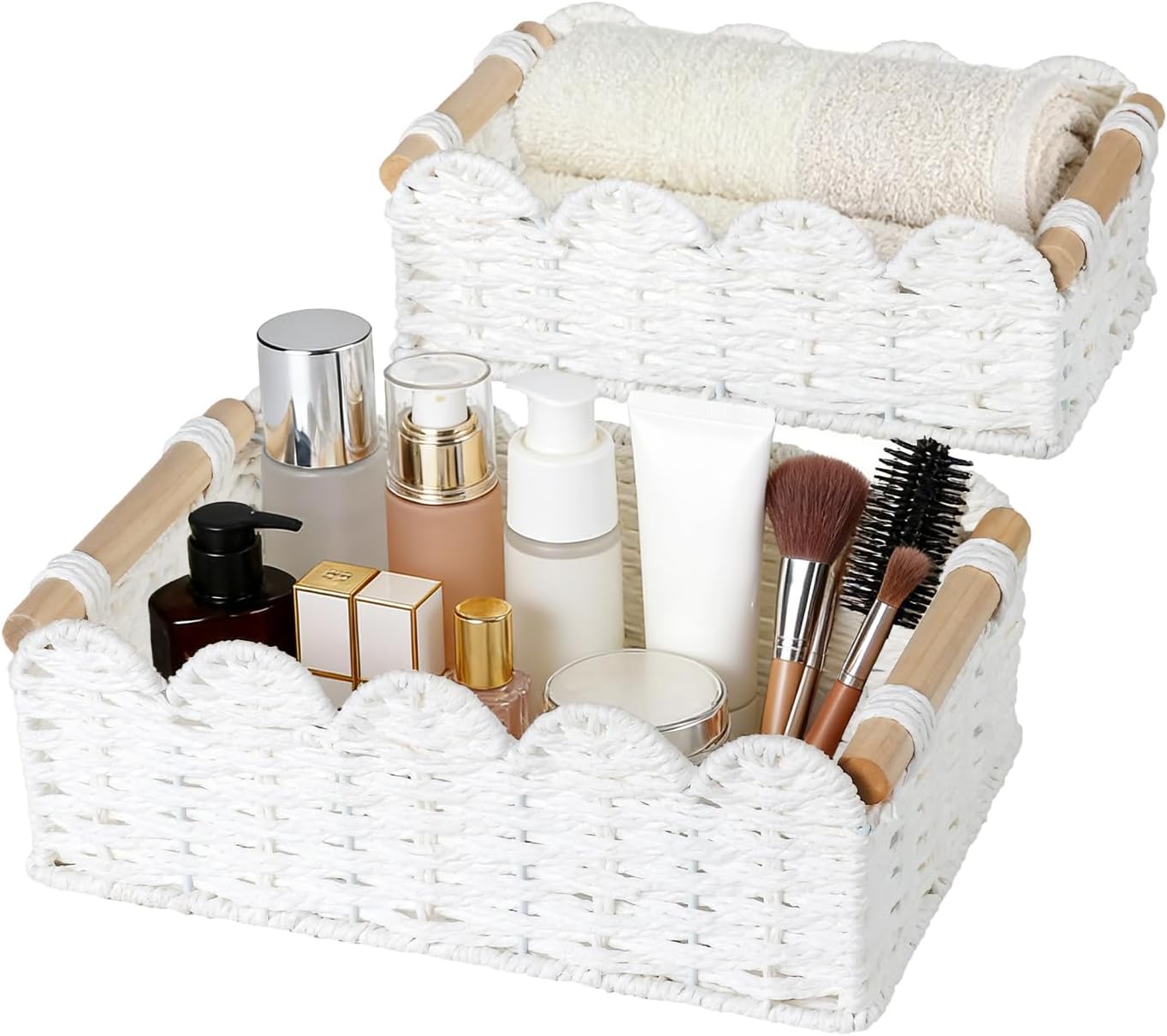 Handwoven Boho White Storage Basket — White-b