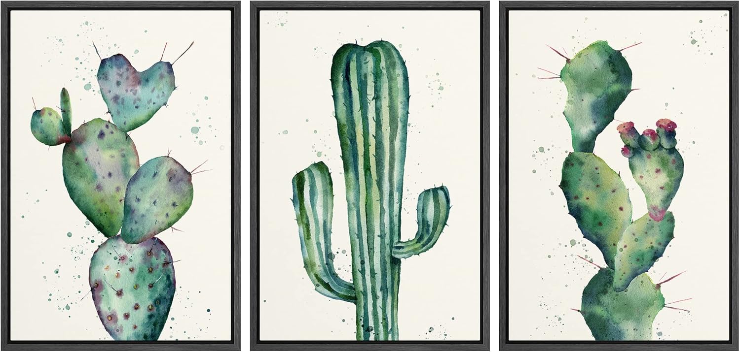 Framed Boho Green Wall Art — 24" — 16" x 24" x 3 Panels BLACK