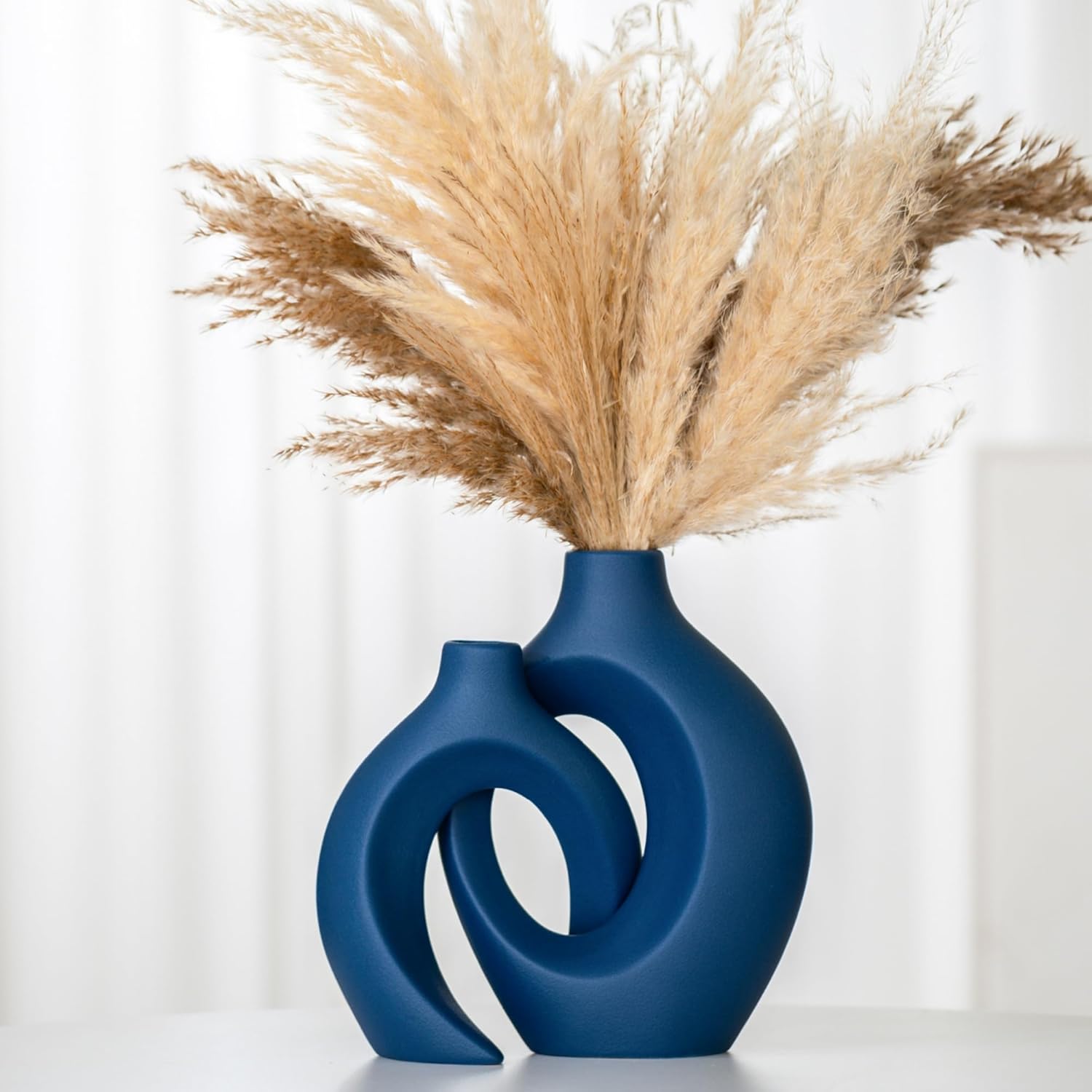 Boho Beige Flower Vase — 6.3" — Large Navy Blue