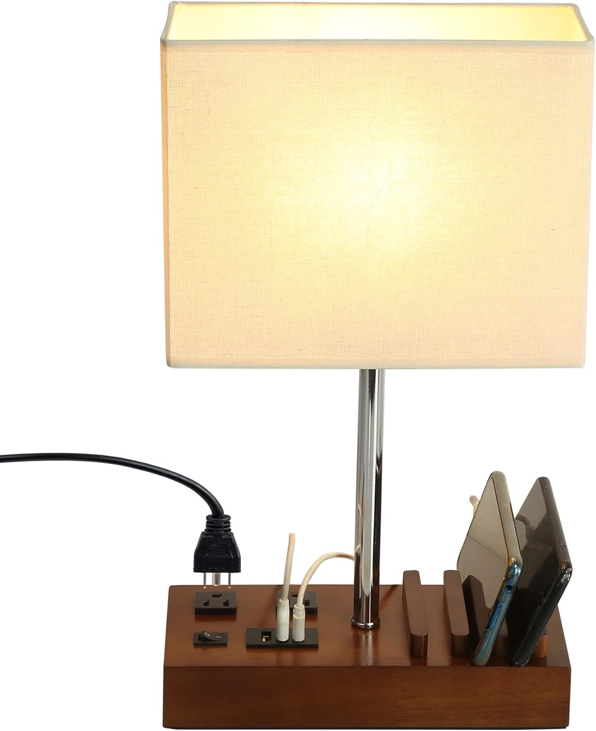 USB Charging Beige Bedside Lamp — Walnut Wood
