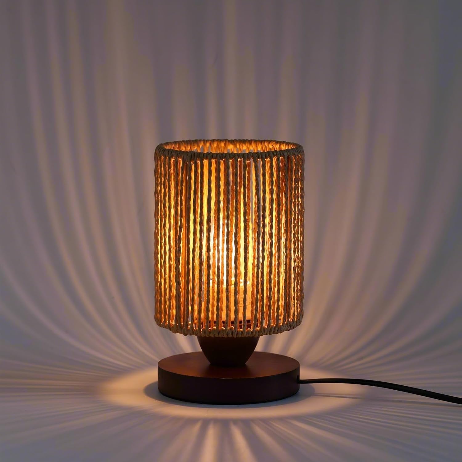 Handwoven Boho Wood Bedside Lamp — 8.6"
