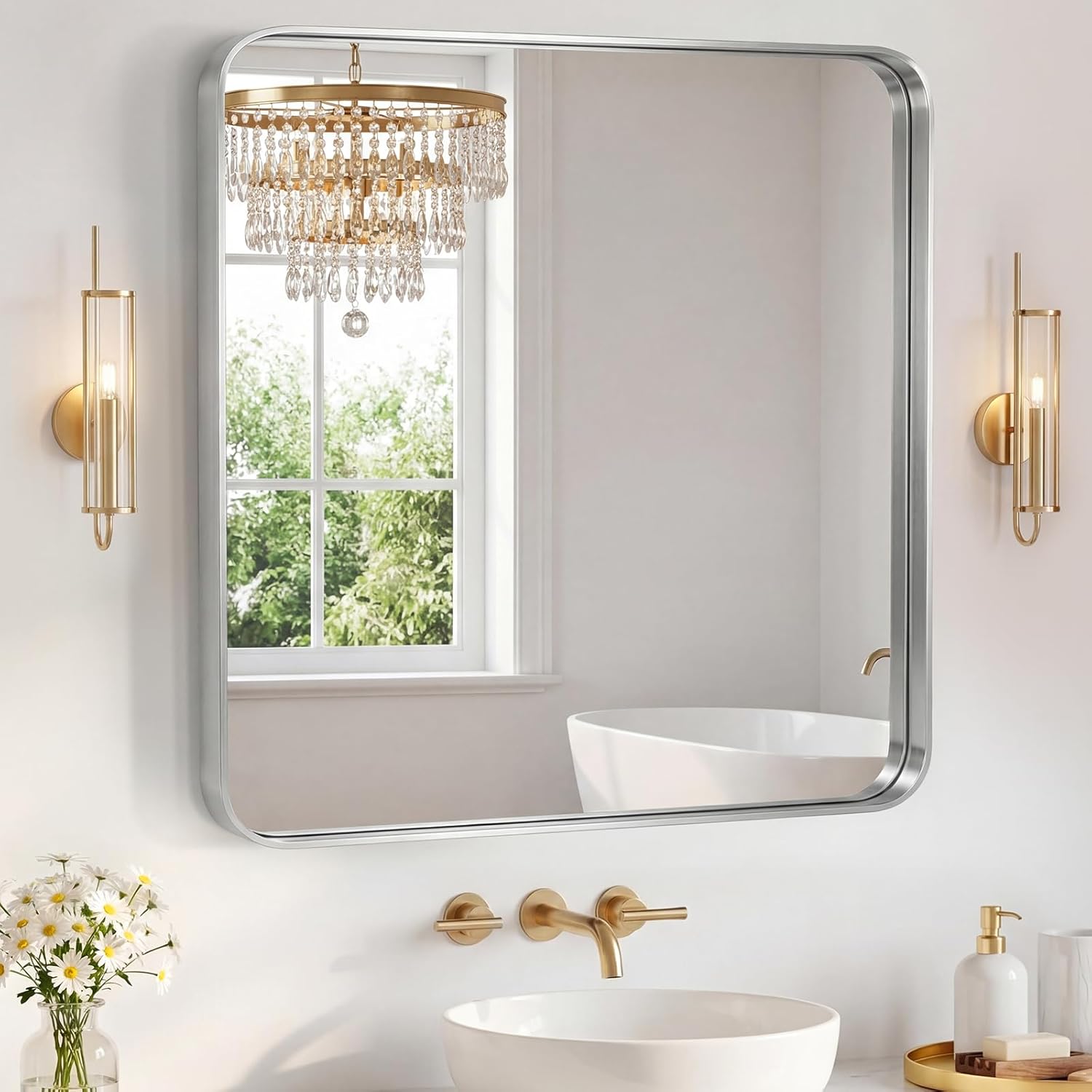 Framed Farmhouse Black Vanity Mirror — 32" — Silvery-rect