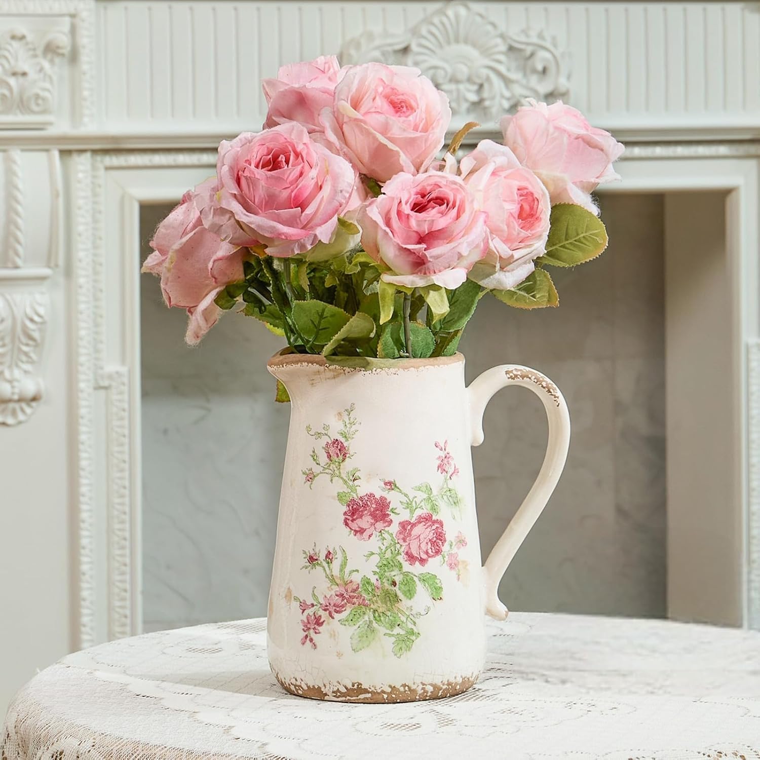 Vintage Farmhouse Green Vase Set — Set of 2 — Pink Flora