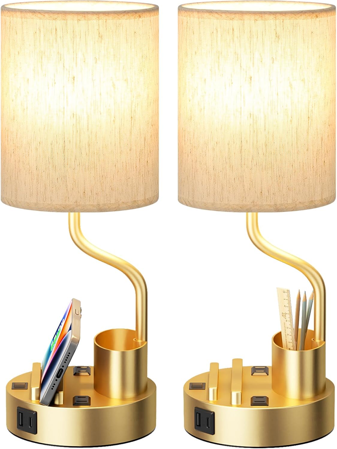 USB Beige Desk Lamp — Set of 2 — Cream & Gold