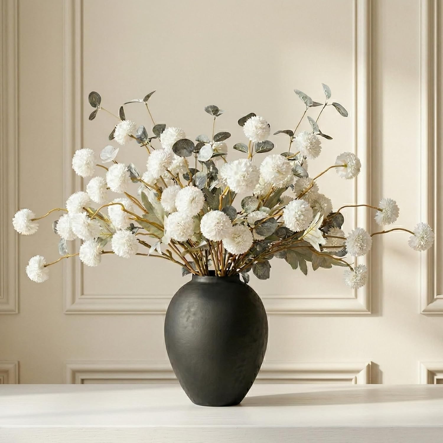 Pom Pom Beige Artificial Flowers — White