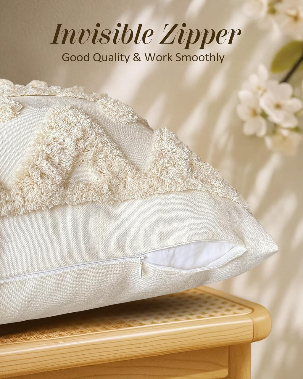 Tufted Boho Beige Throw Pillow Cover — 18" - View 3