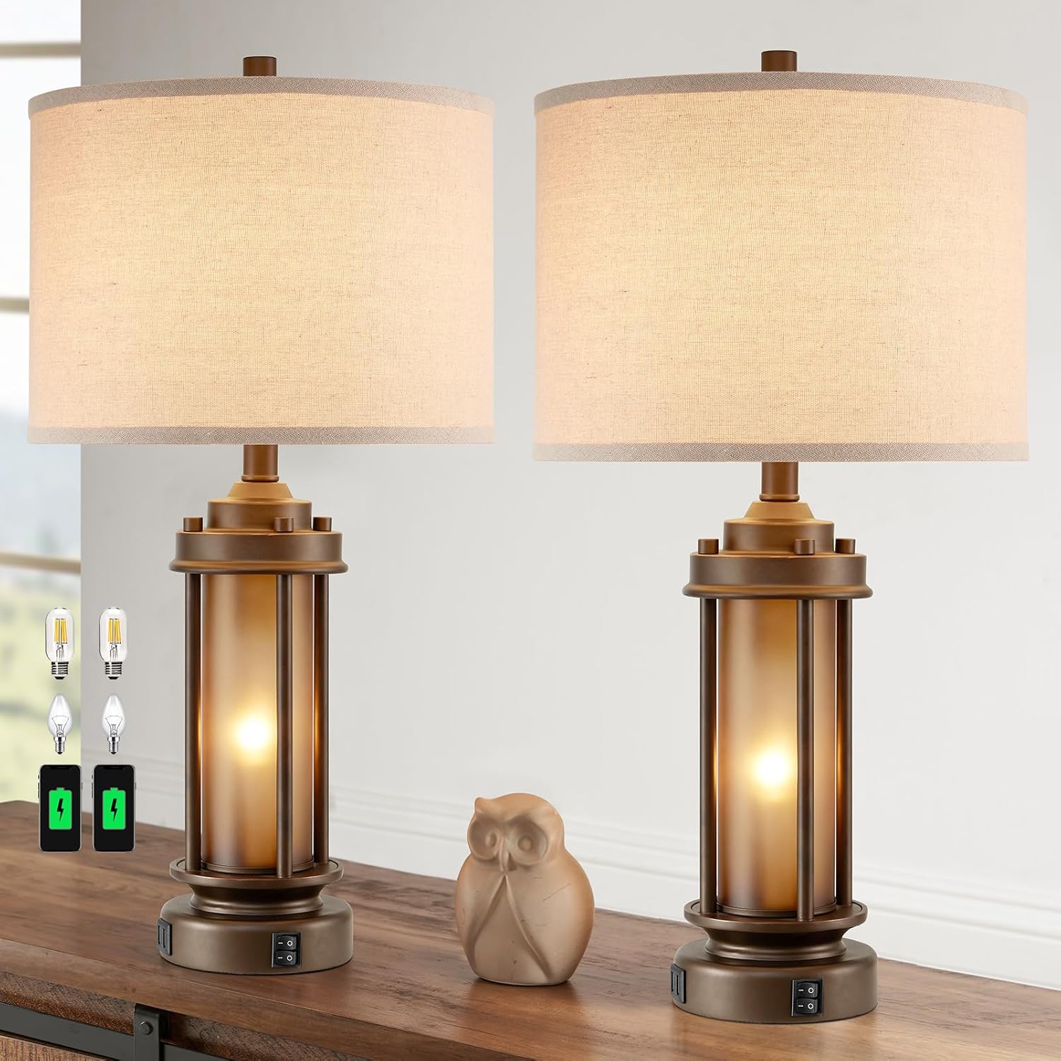 USB Charging Farmhouse Black Table Lamp — Set of 2 — Red Brown