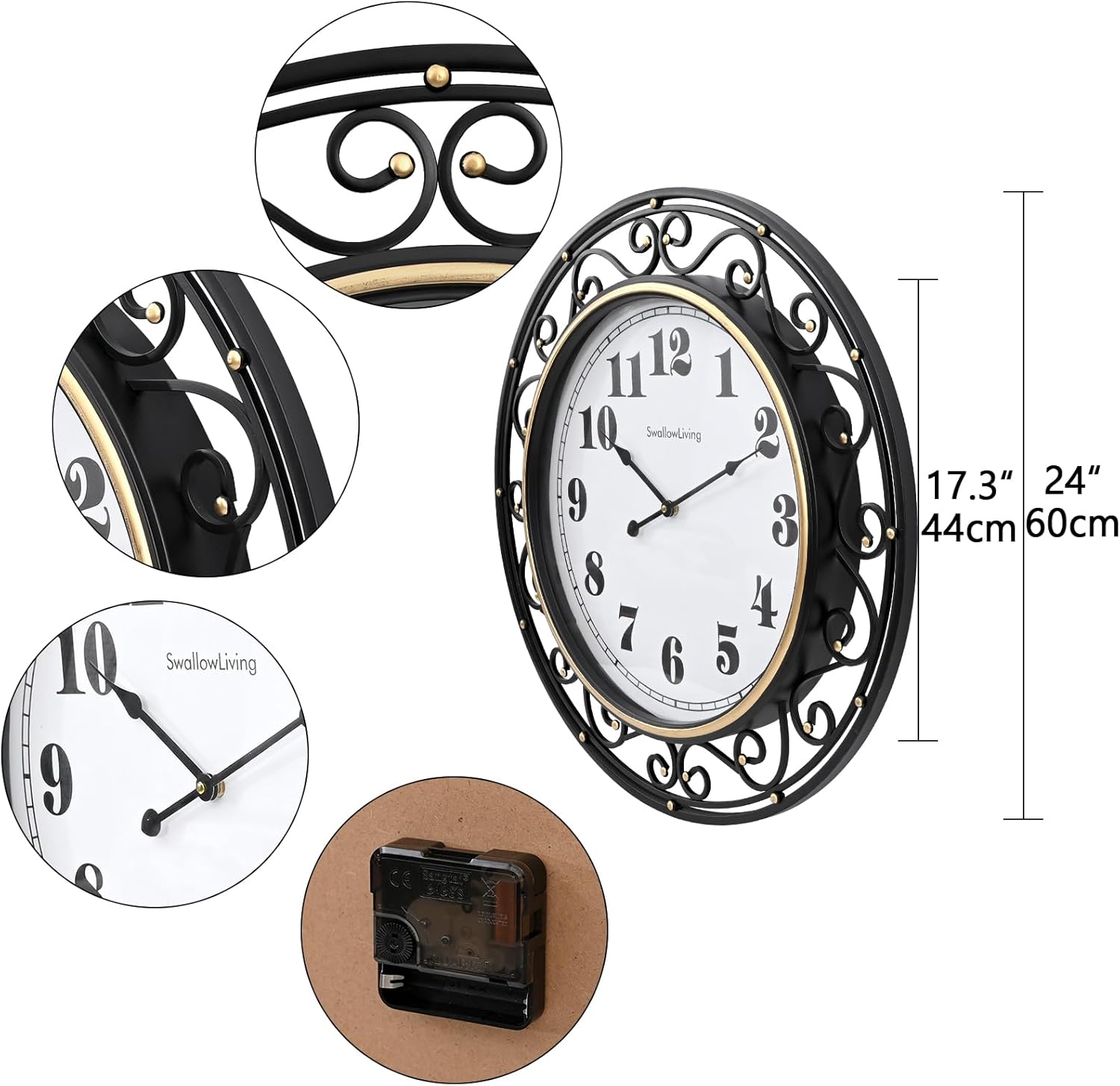Battery Operated Mid-Century Black Wall Clock — 24" - View 3