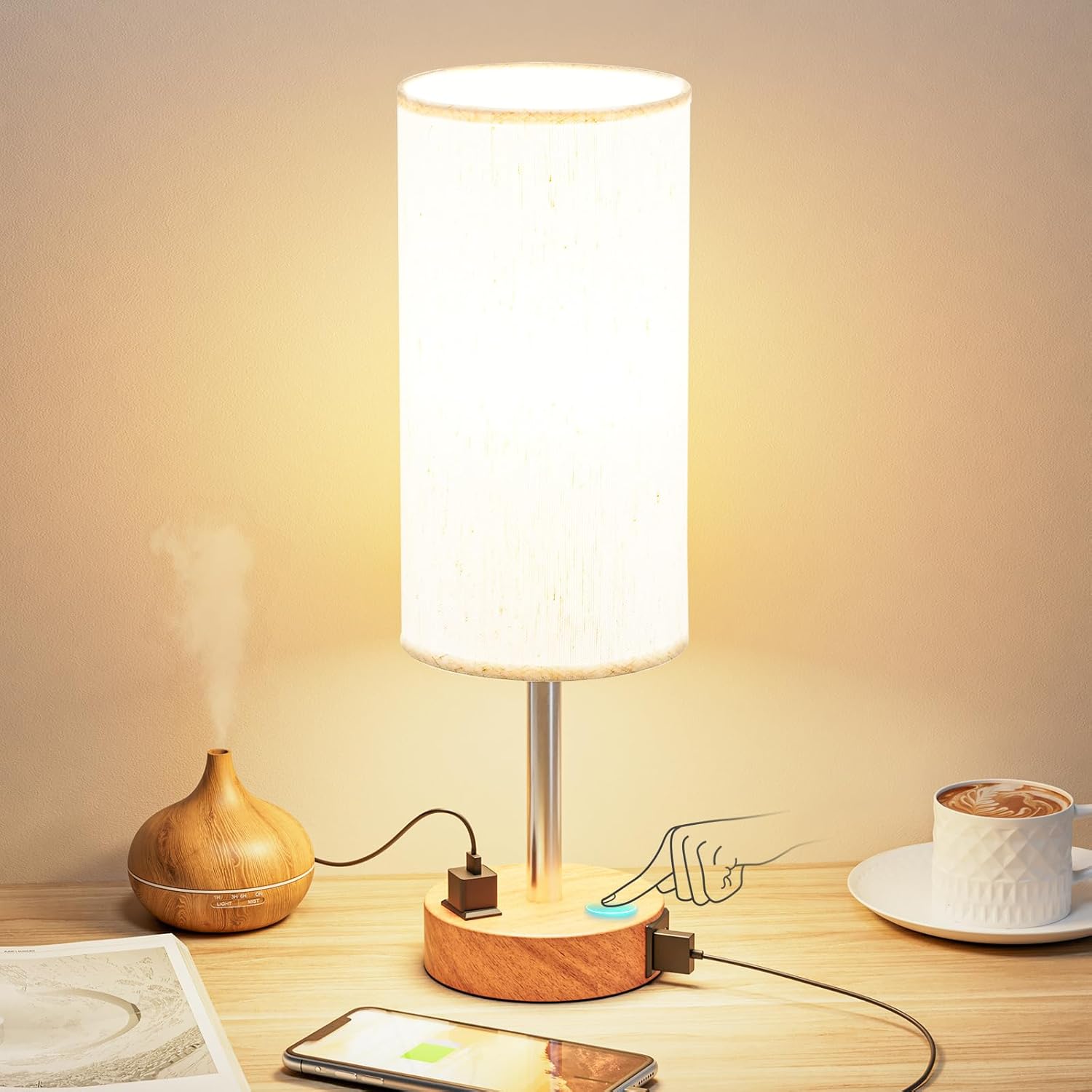 Dimmable Beige Table Lamp — 14" — Cream Shade-Wood Base