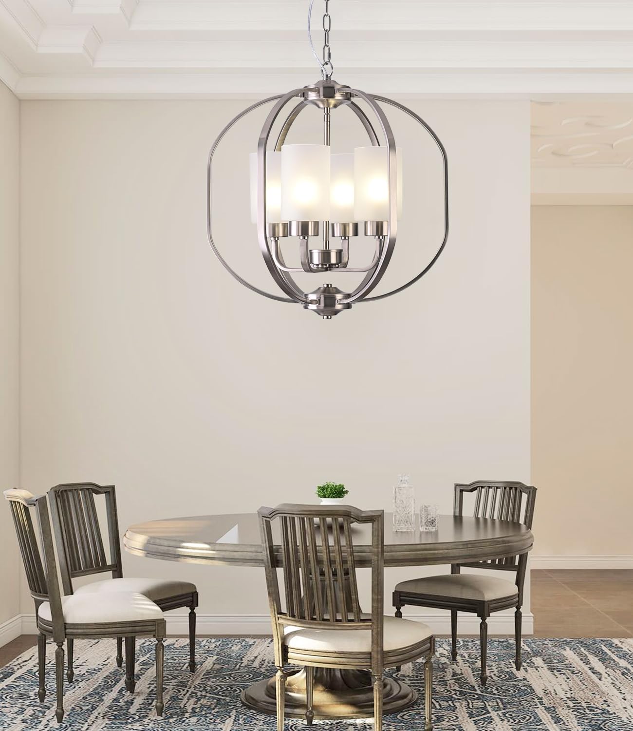 Farmhouse Black Chandelier — 4-Light — 20" Nickel+Frosted Glass