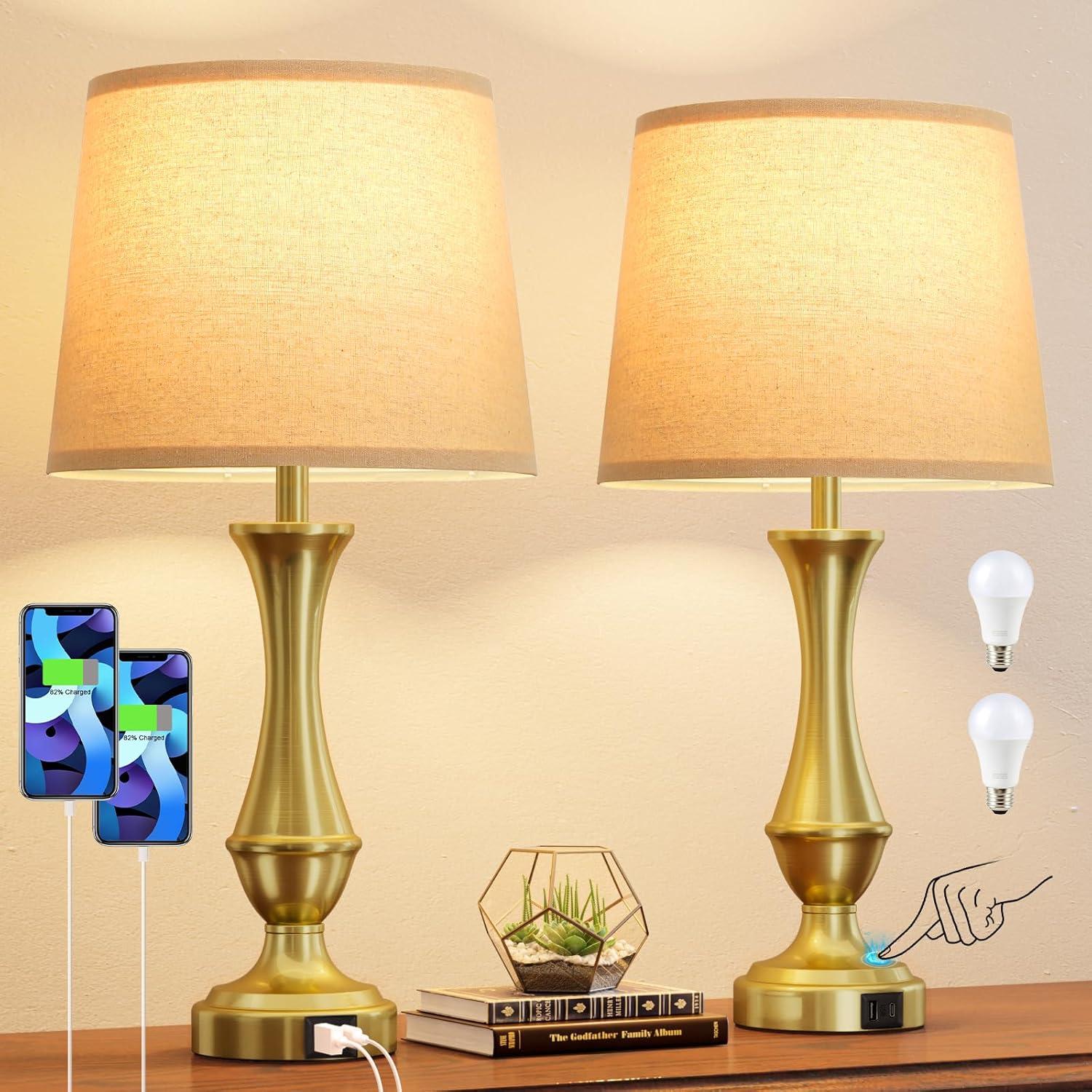 Dimmable Beige Bedside Lamp — Set of 2 — F. Oat Shade & Gold Base