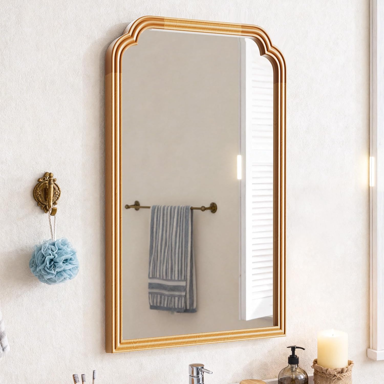 Framed Luxe Beige Vanity Mirror — 30" — Natural Beech Wood