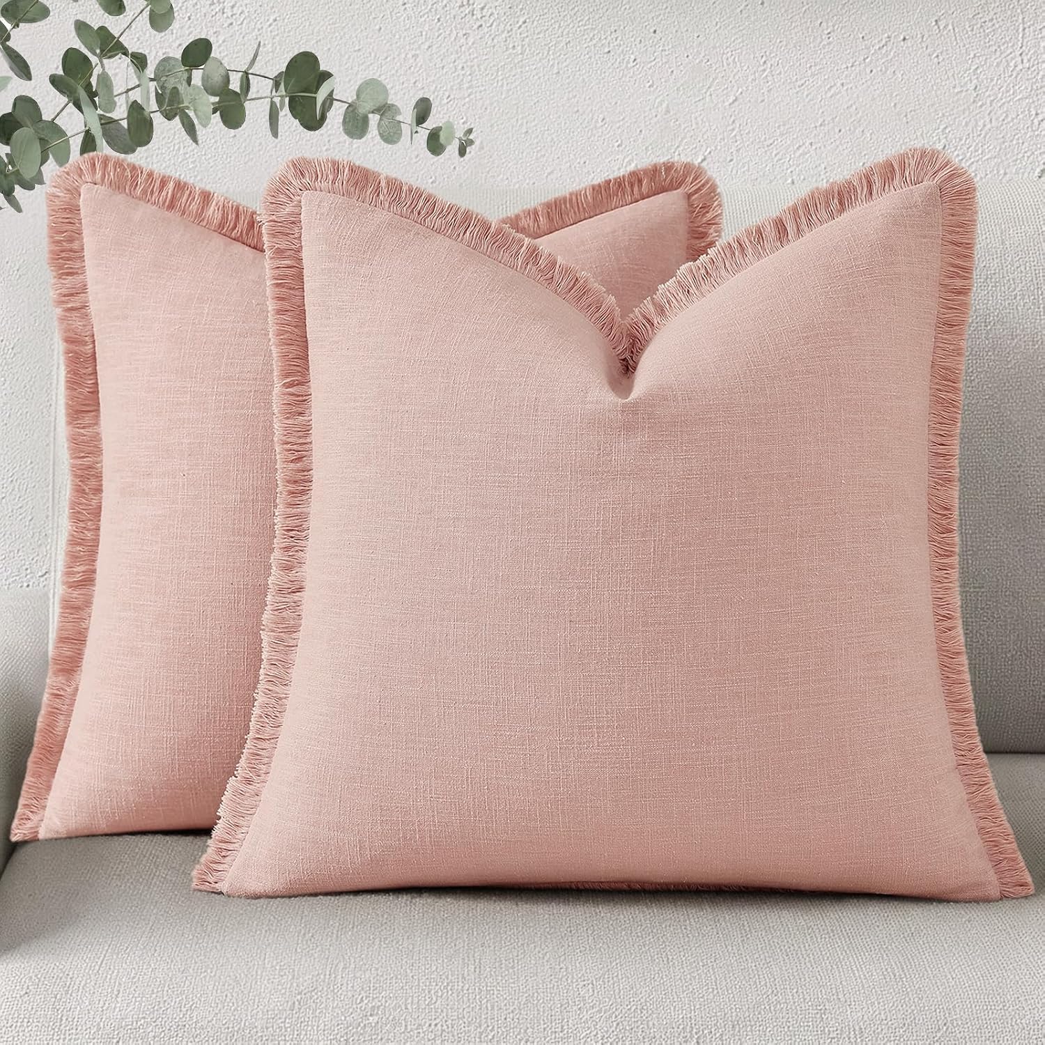 Linen Boho Beige Throw Pillow Cover — 18" — Pink