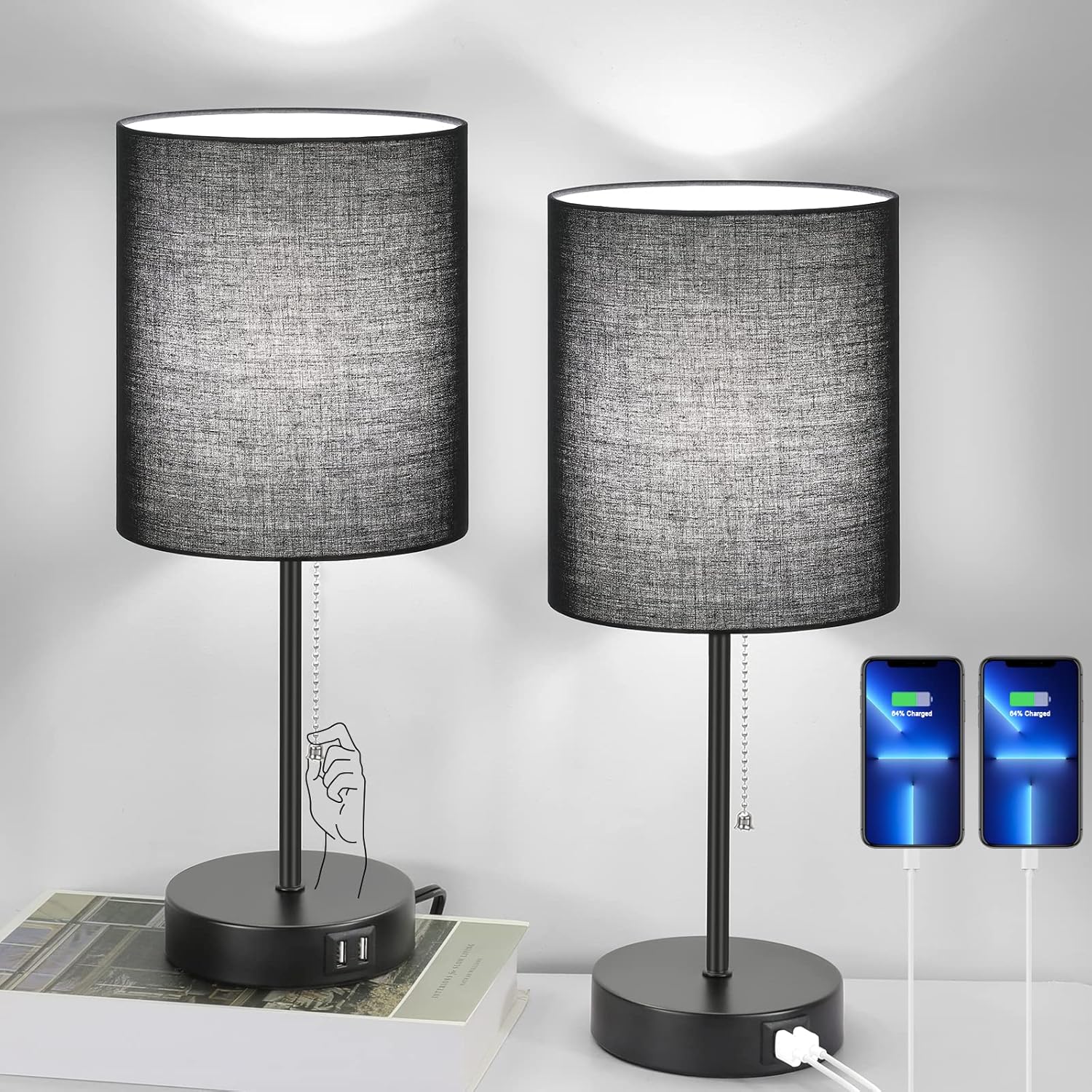 USB Black Desk Lamp — Set of 2 — Black(Shade)