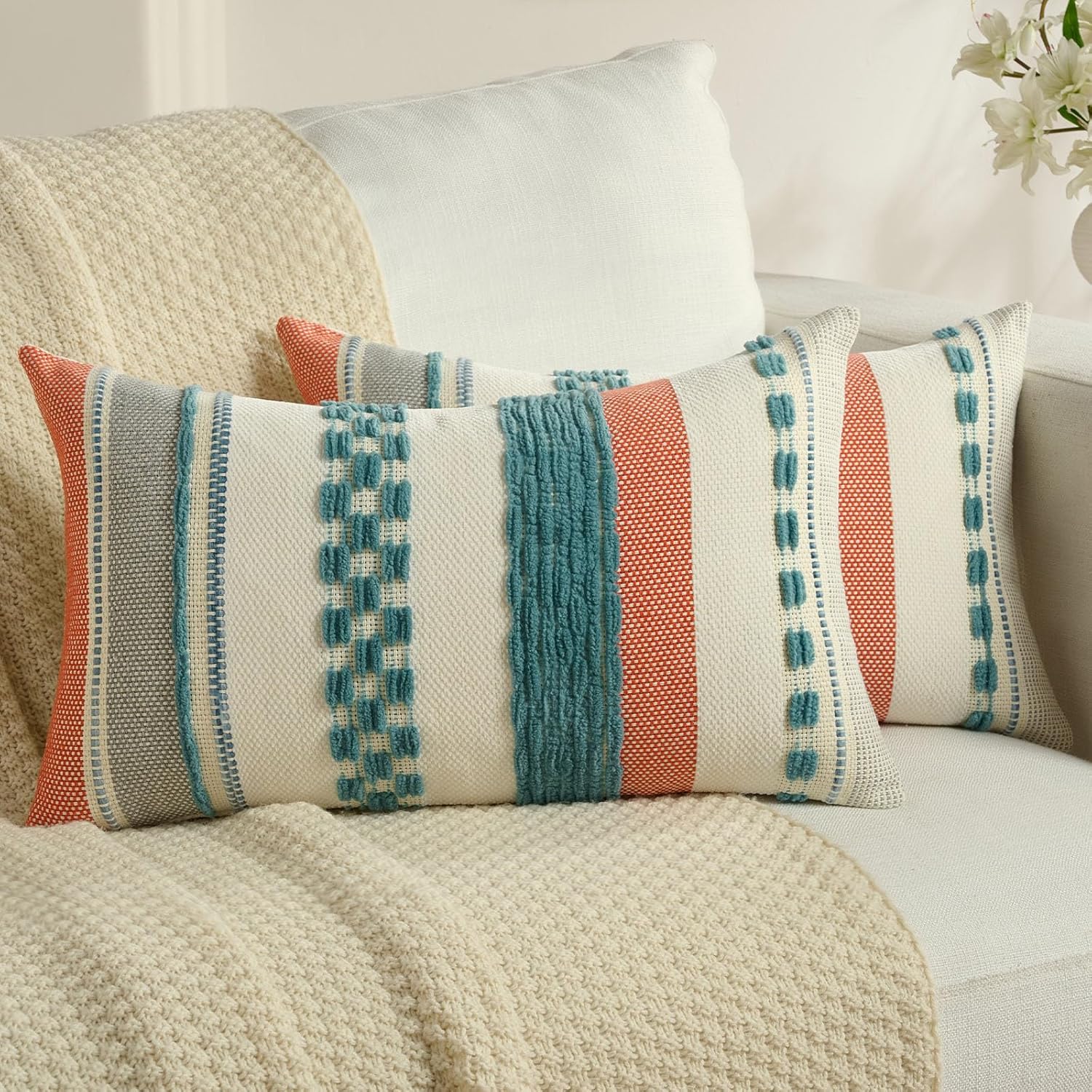 Tufted Boho Beige Throw Pillow Cover — 18" — Teal