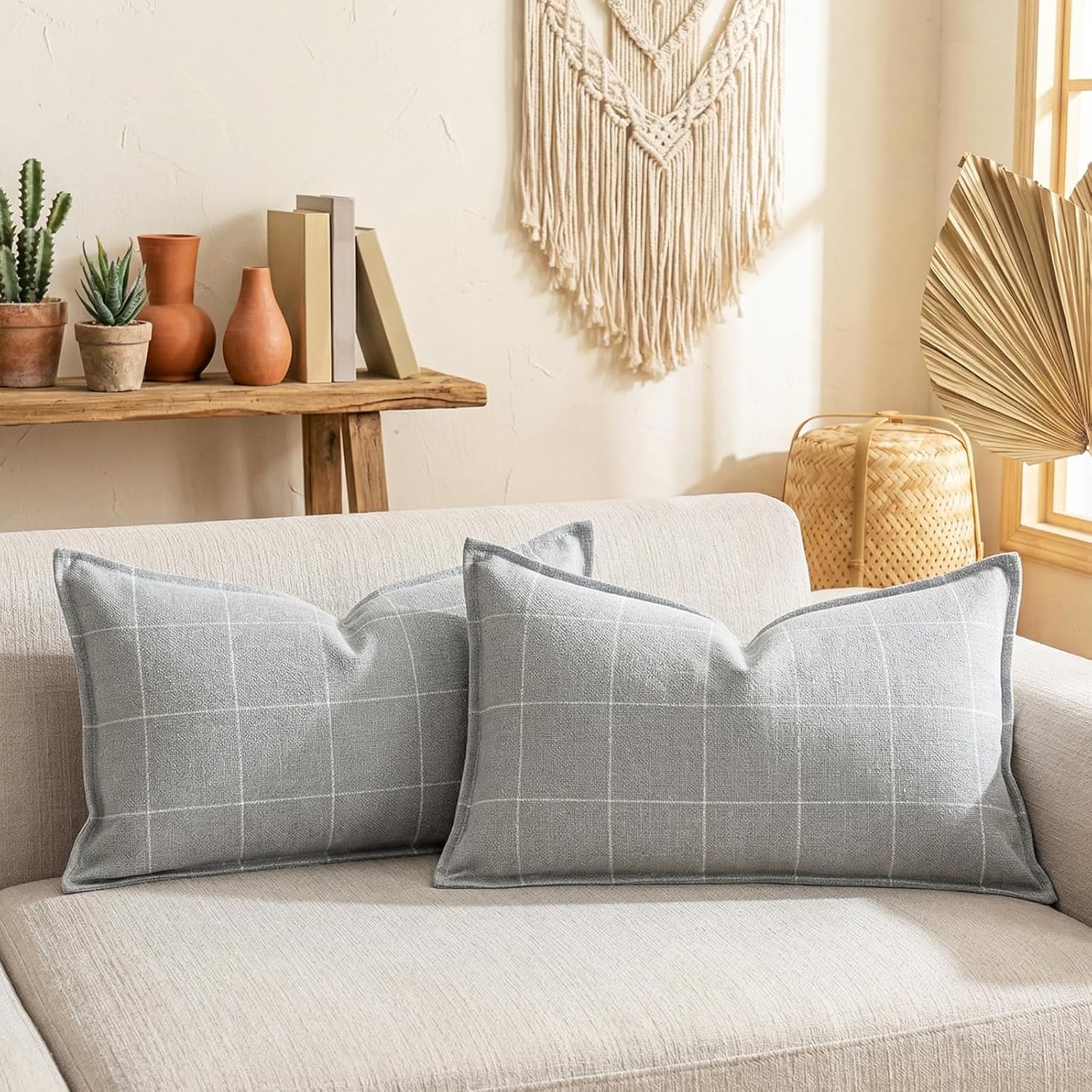 Linen Boho Beige Throw Pillow Cover — 20" — Gray & White Plaid Lumbar Set of 2