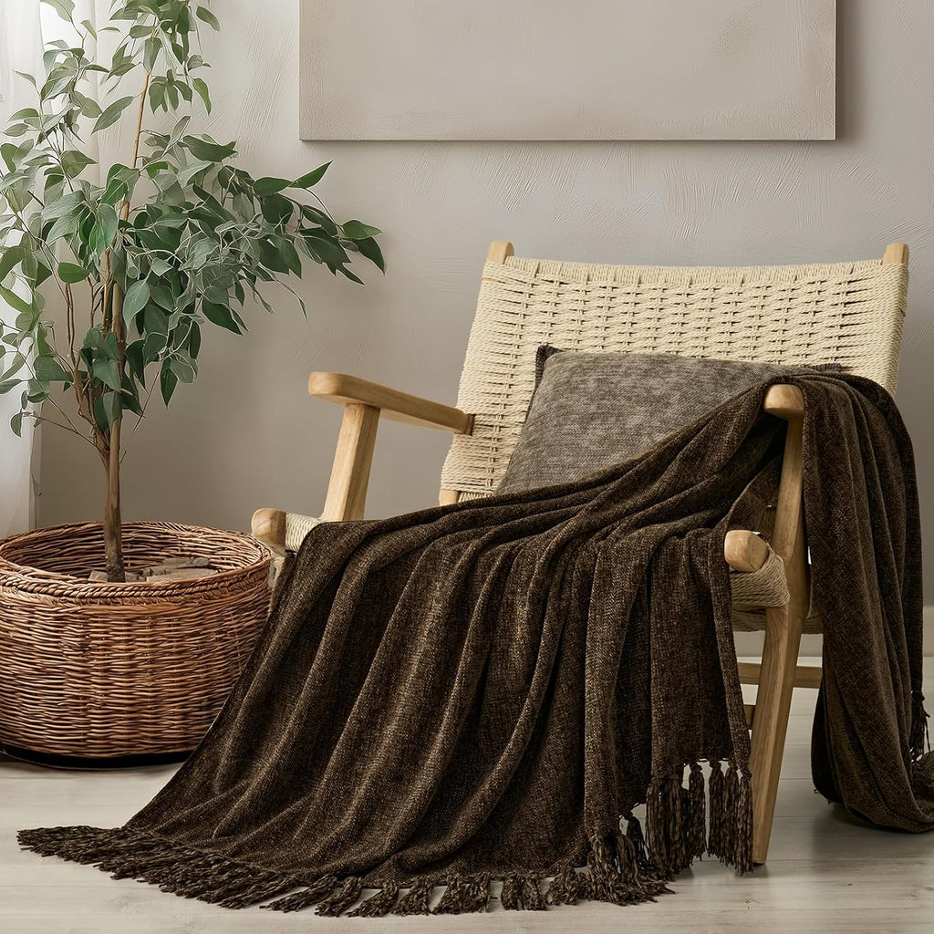 Knit Boho Beige Throw Pillow — 50" — Dark Brown
