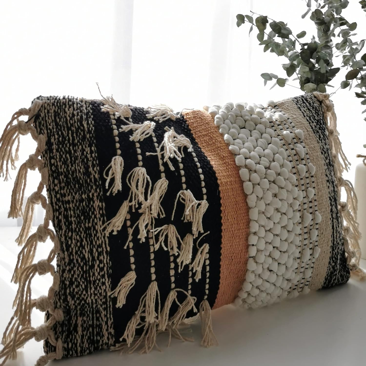Tufted Boho Black Pillow Cover — 12x20 — Black, White, Cream, Terracotta - Lumbar 12x20