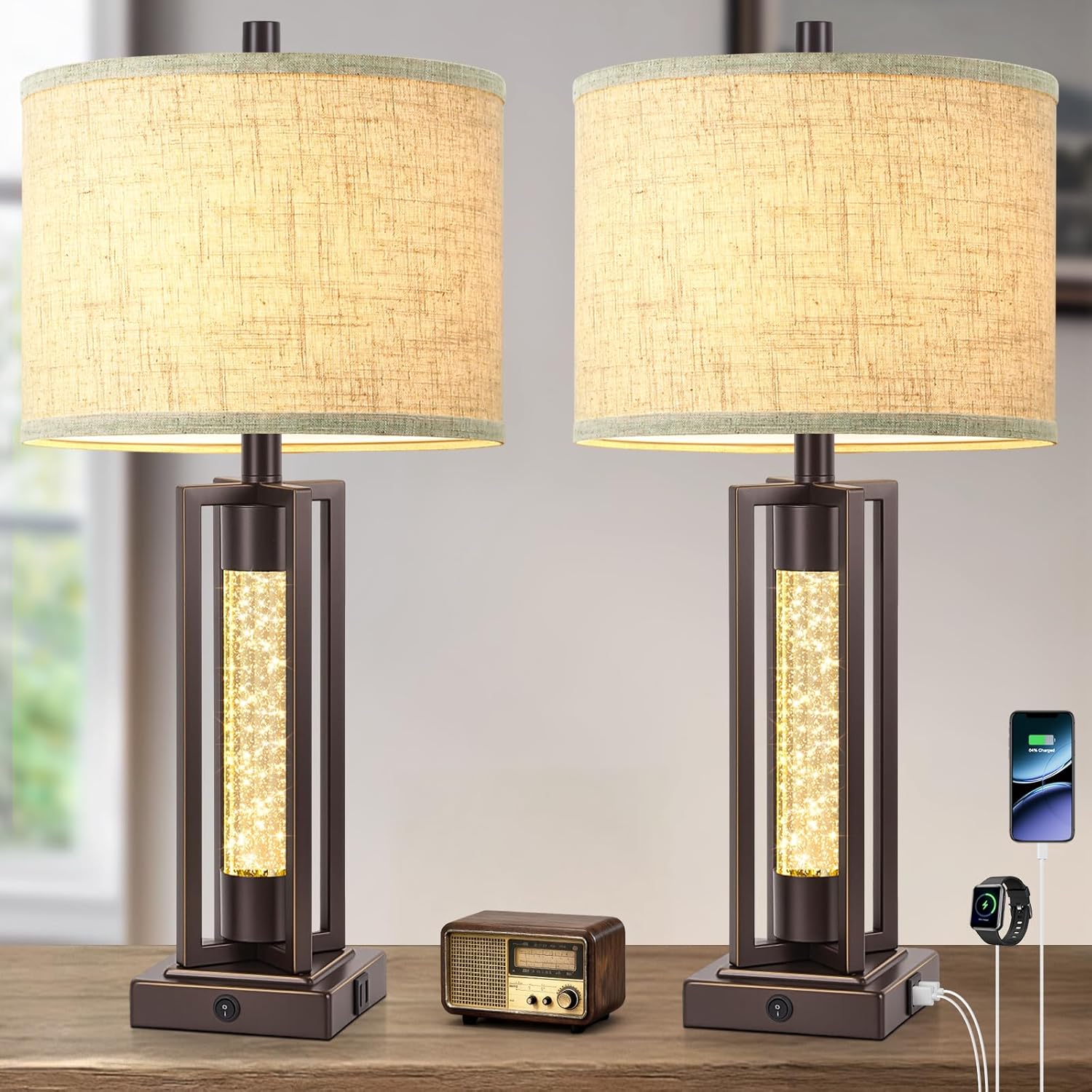USB Farmhouse Black Bedside Lamp — Set of 2 — 2 Packs-Brown