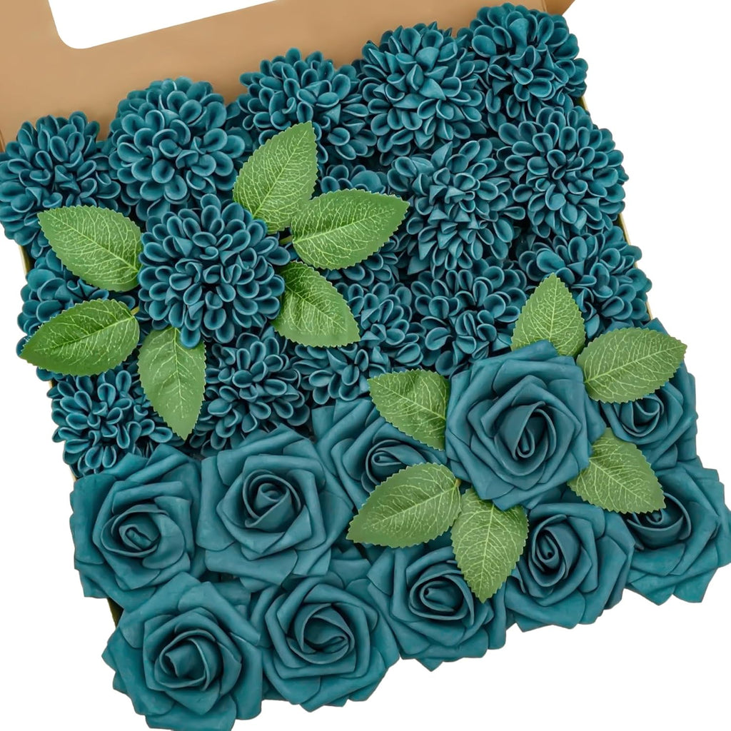 Beige Artificial Flowers — Dark Teal Rose and Dahlia