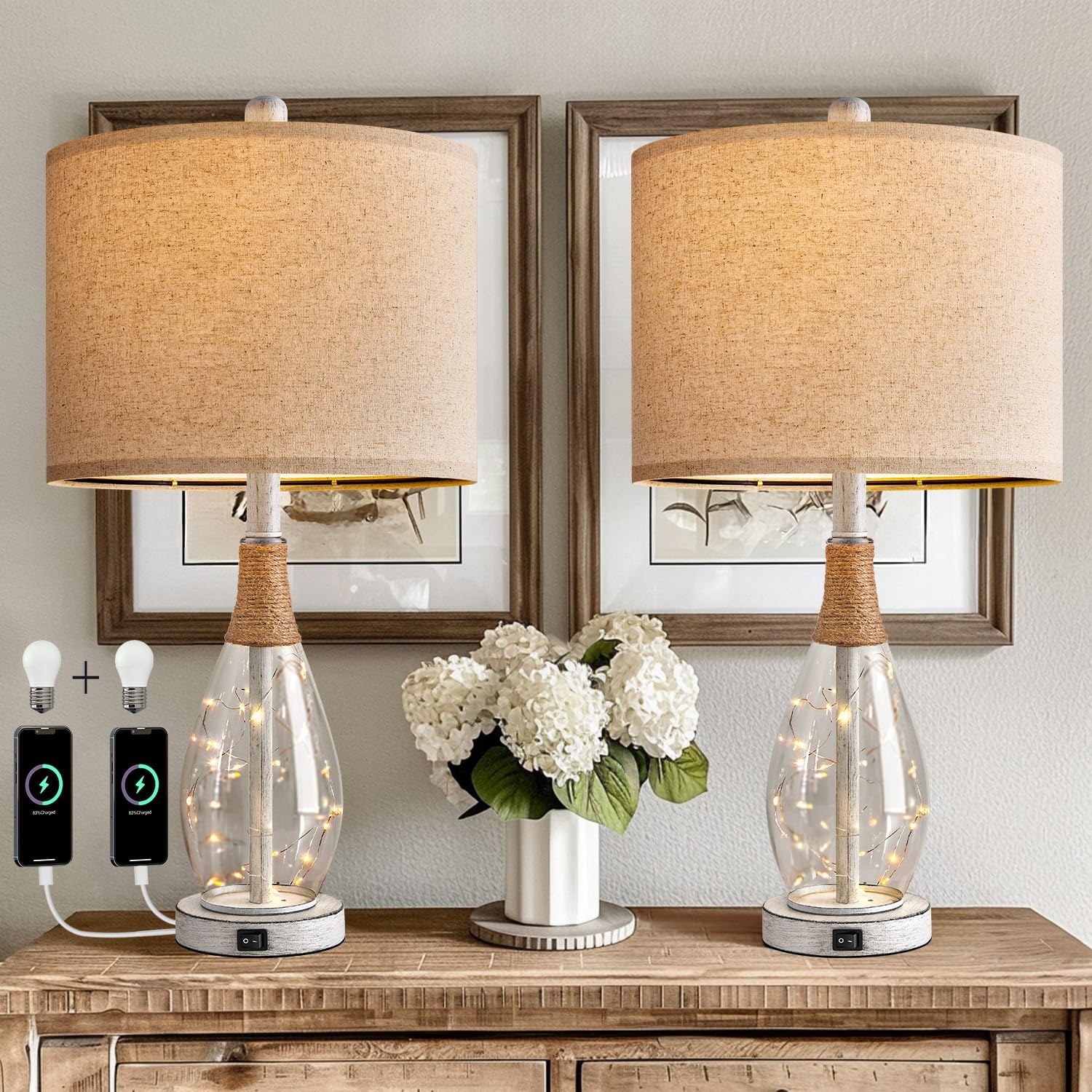 USB Boho Black Bedside Lamp — Set of 2 — Washed White