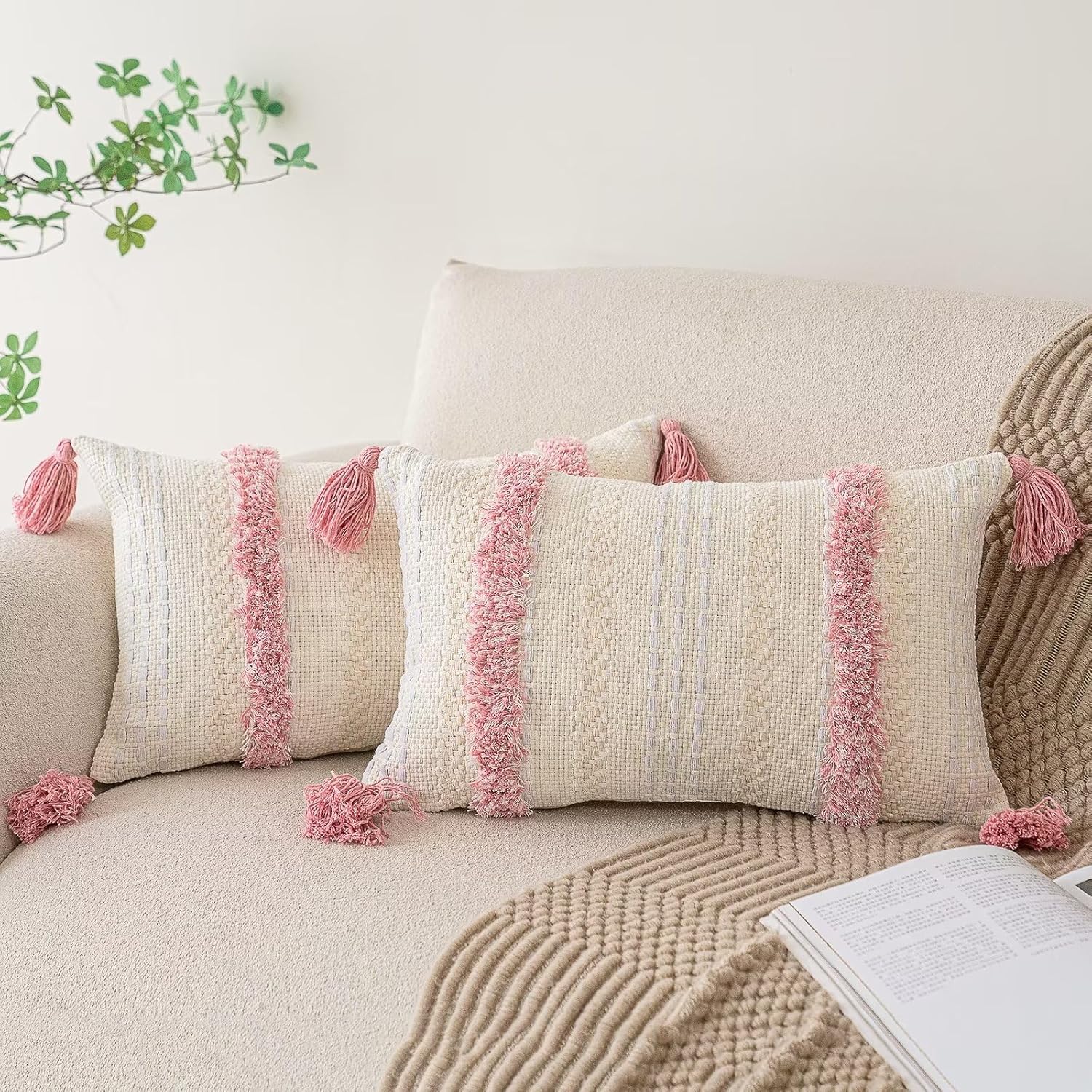 Tufted Boho Beige Throw Pillow Cover — 18" — Pink