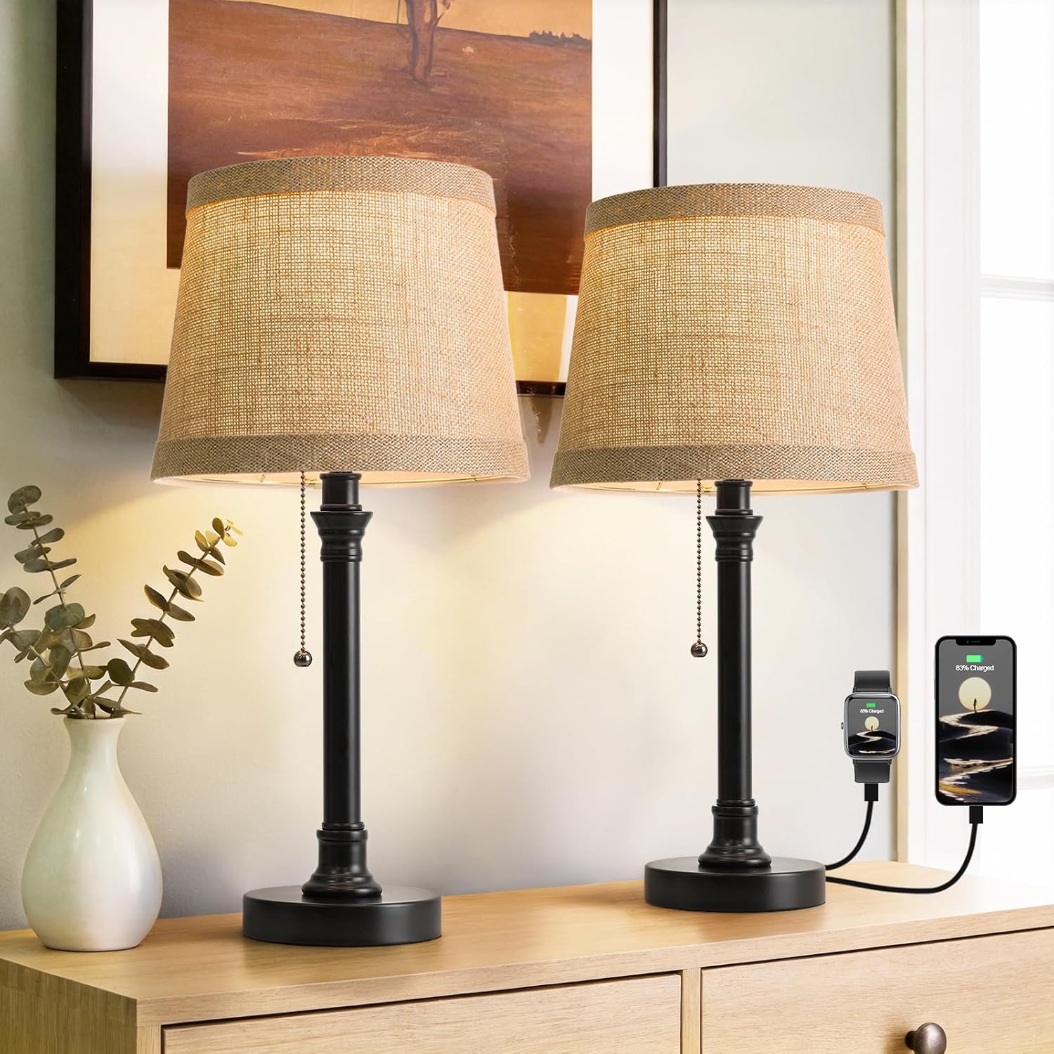 Black Bedside Lamp — 19.5" — Black USB-2Pack