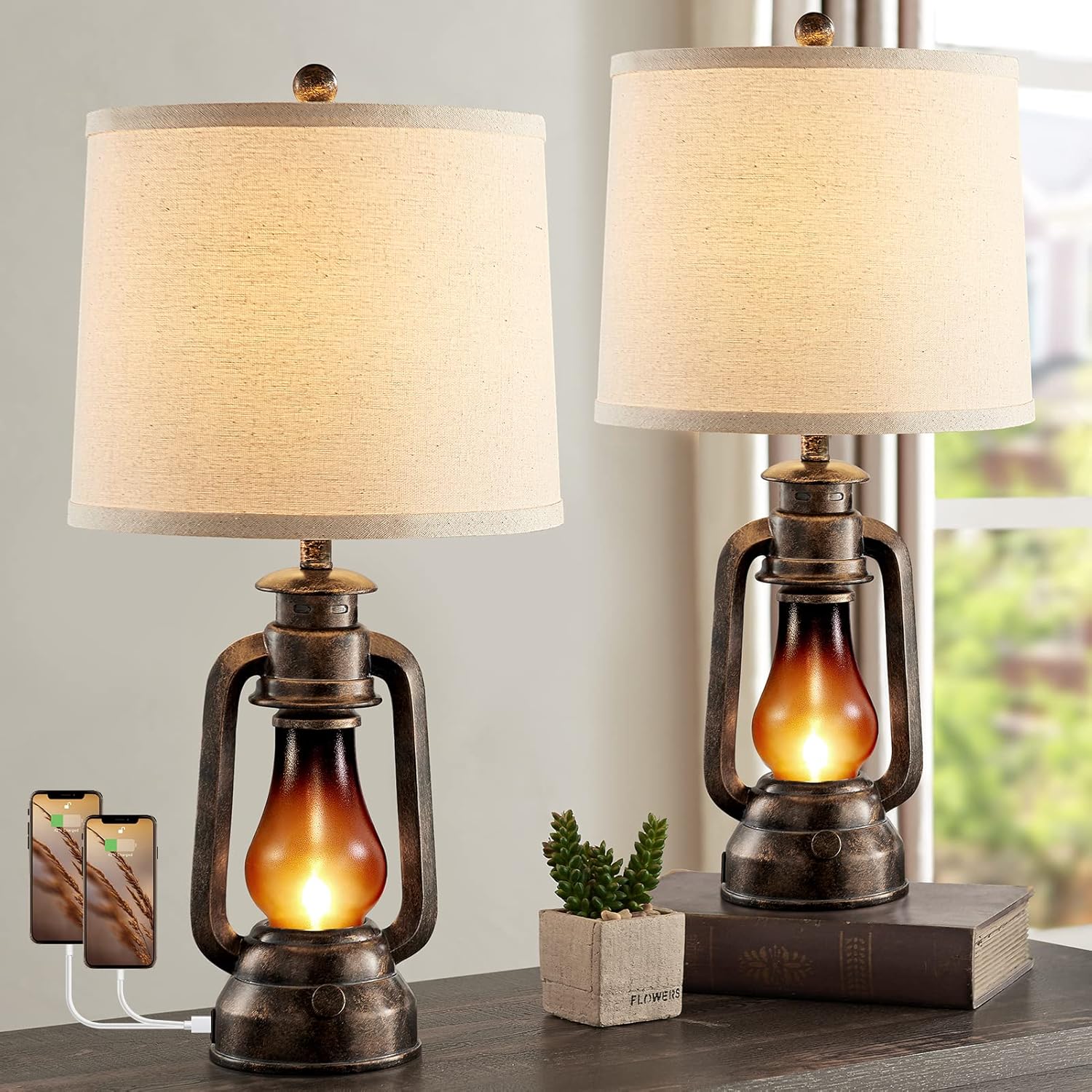 USB Charging Farmhouse Gold Desk Lamp — 22" — 25'' Bronze Lantern Lamps