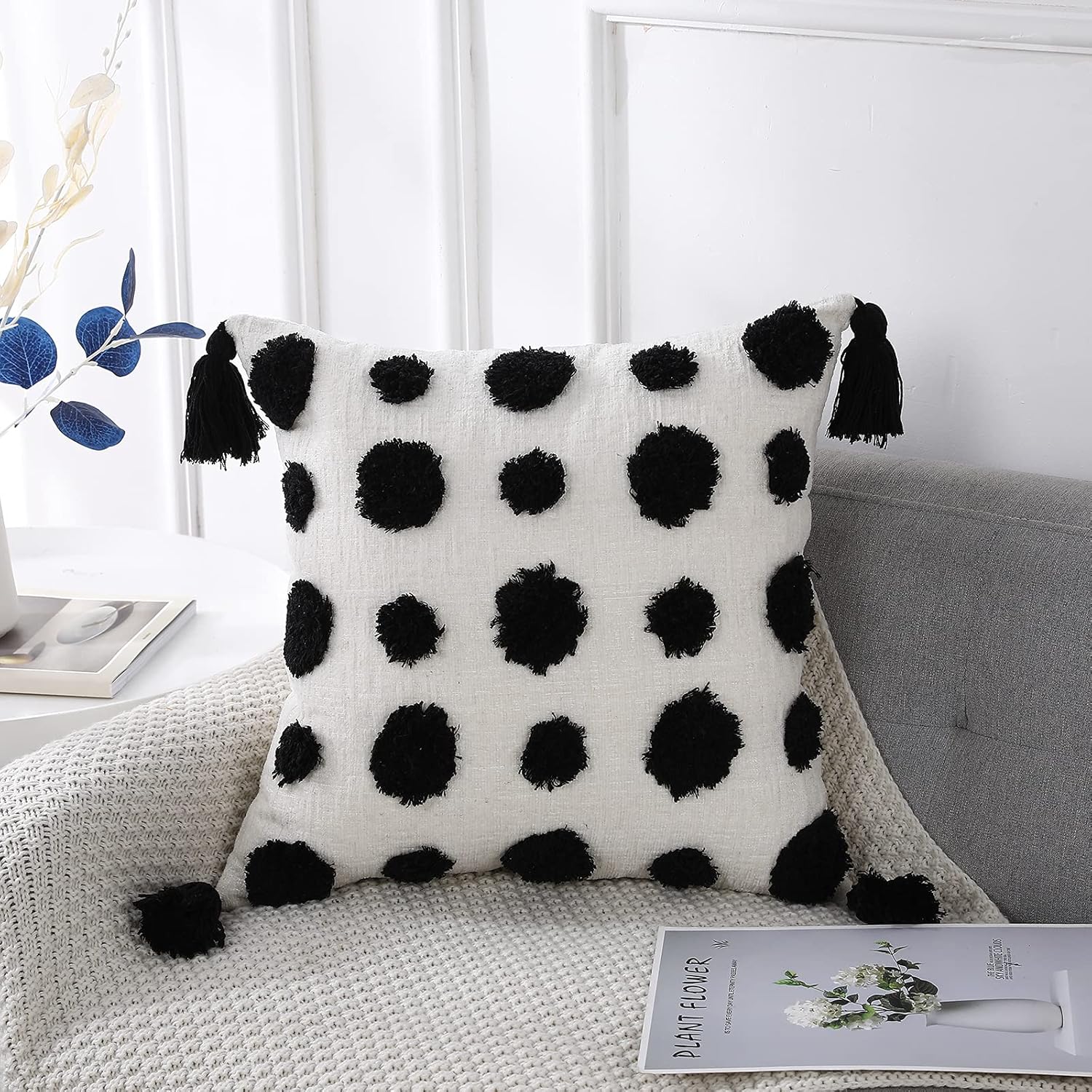 Tufted Boho Black Throw Pillow Cover — 20" — Black