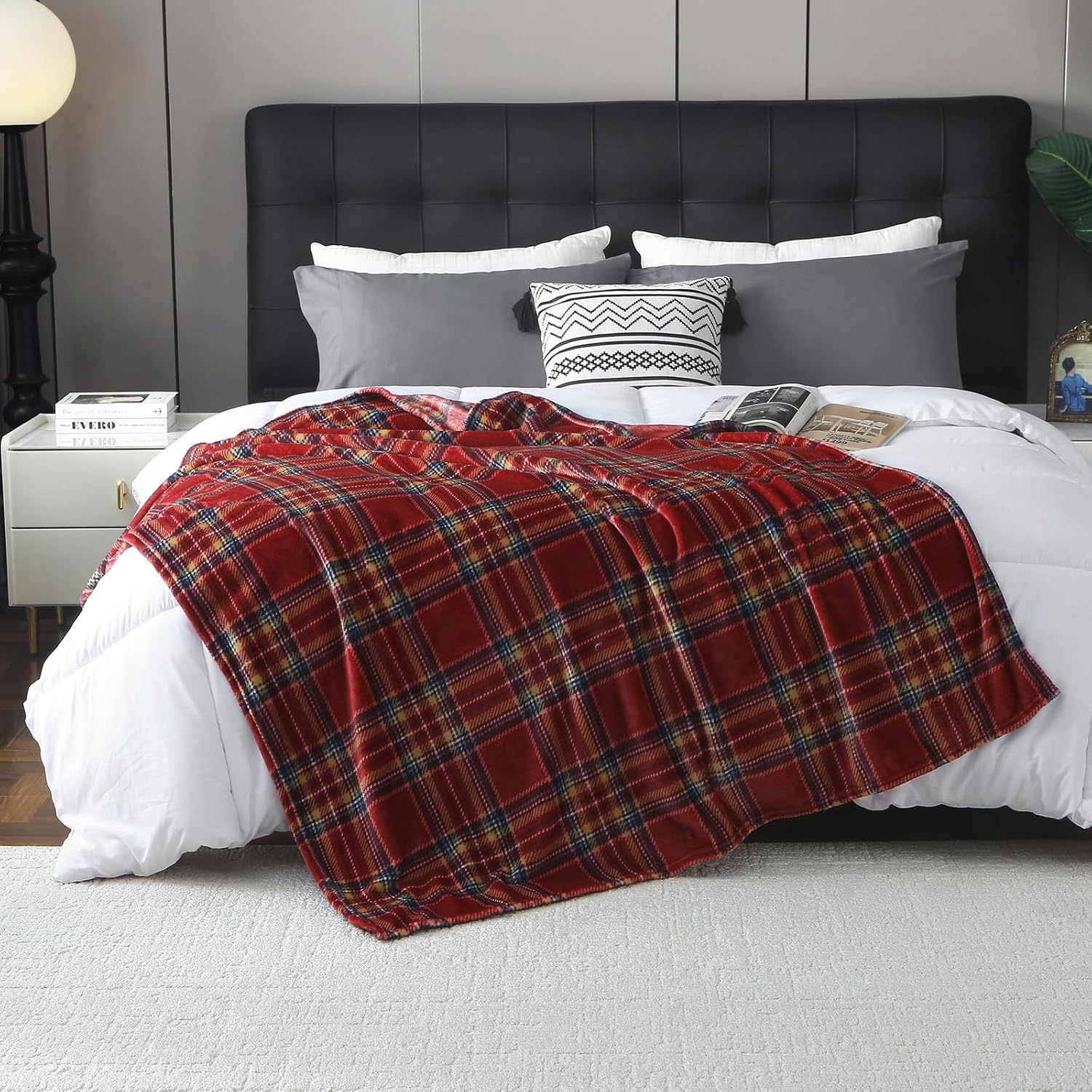 Oversized Beige Throw Pillow — 90" — Dark Red Plaid