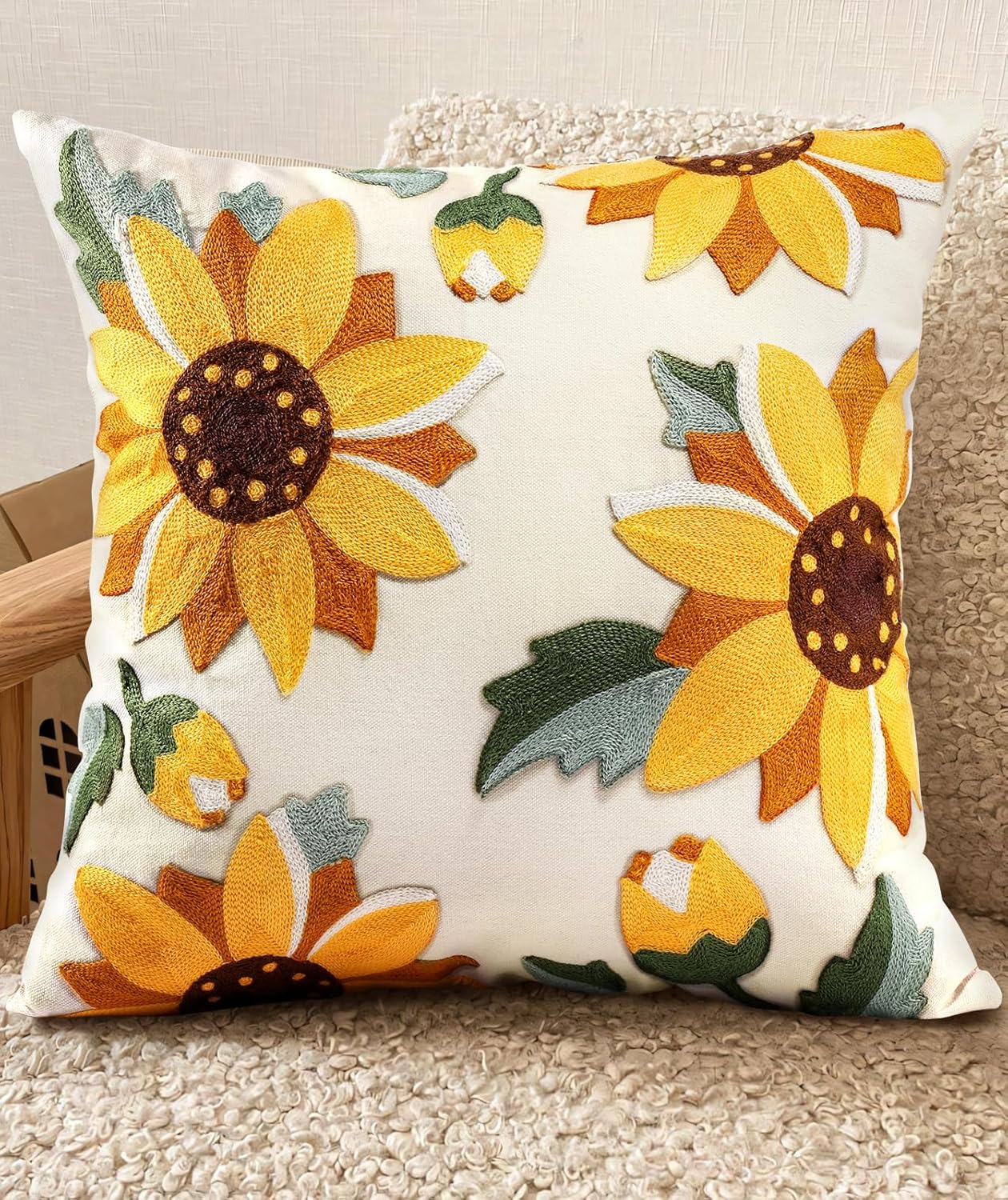 Embroidered Boho Yellow Throw Pillow Cover — 18" — Sunflower